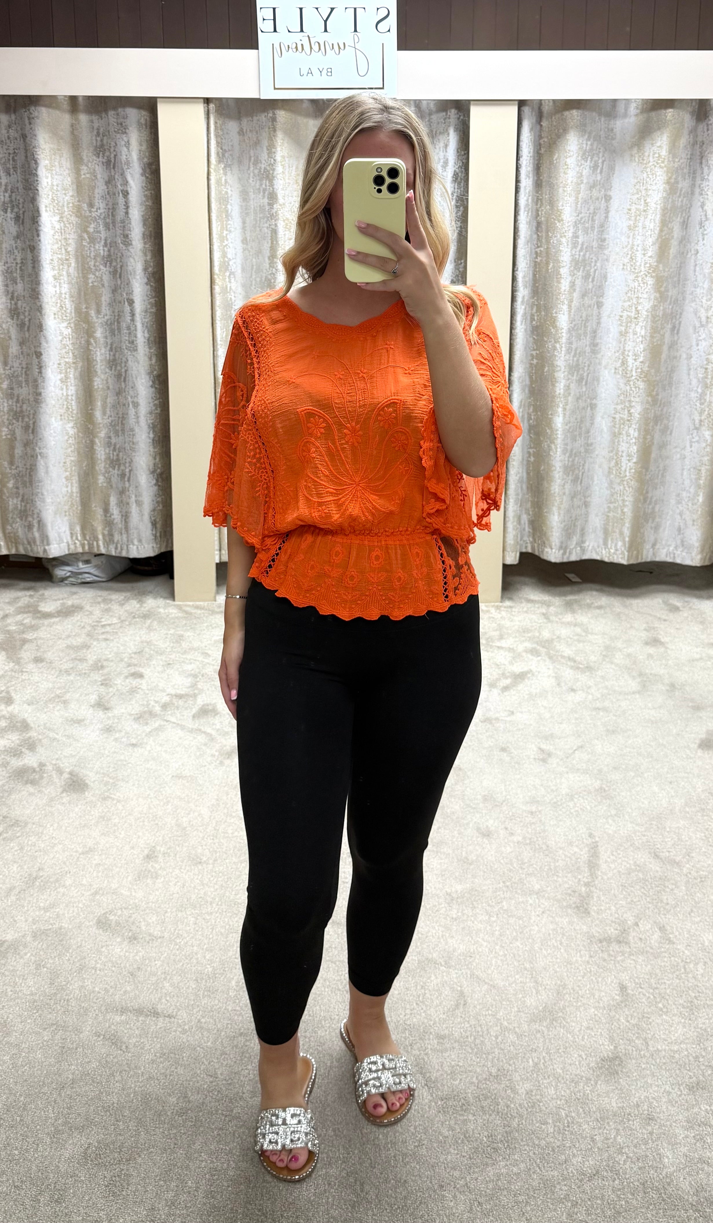 Butterly Embroidered Elasticated Waist Crochet Detail Top