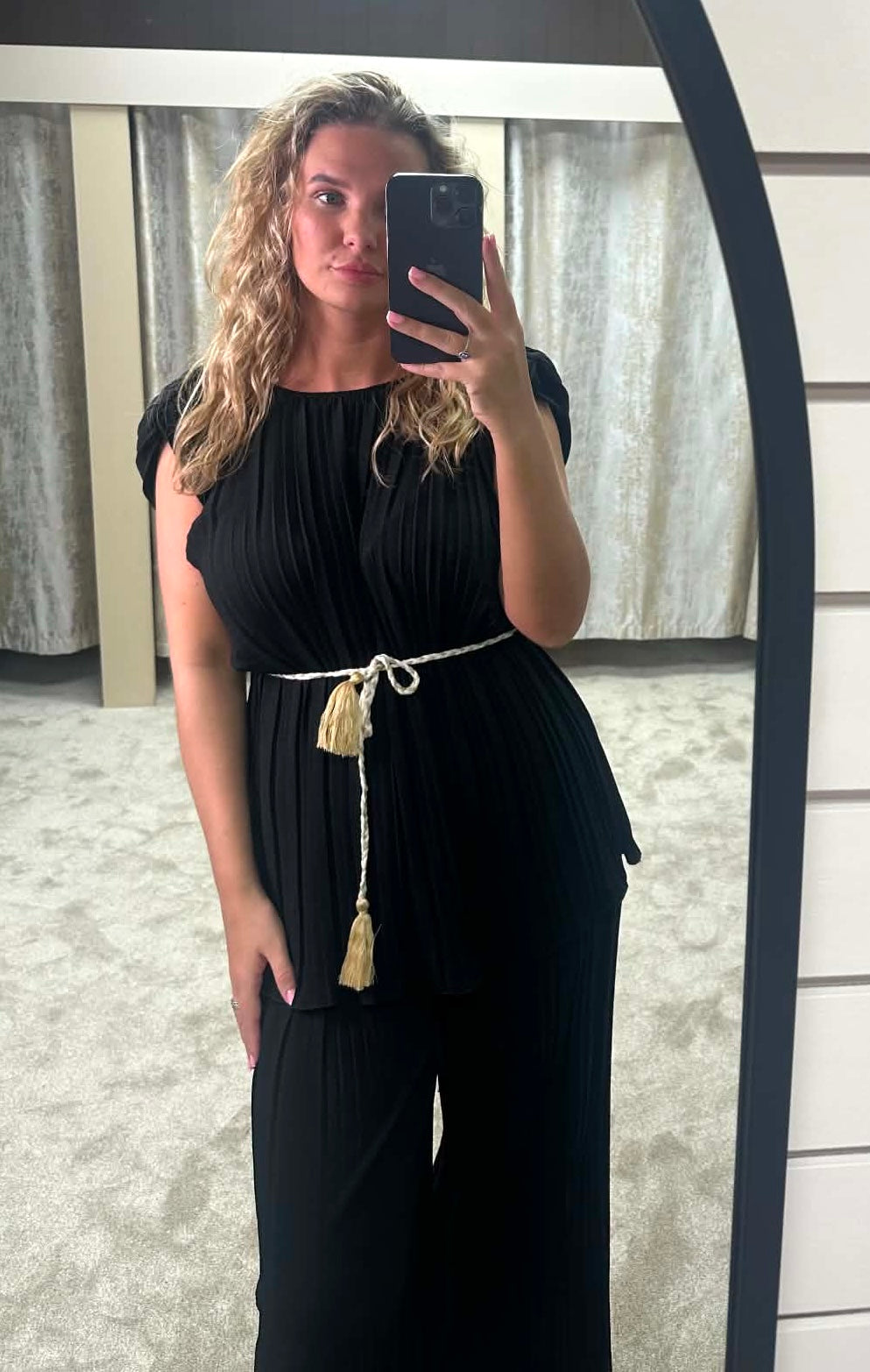Pleated Shoulder Pad Tie Waist Top & Trouser Co Ord