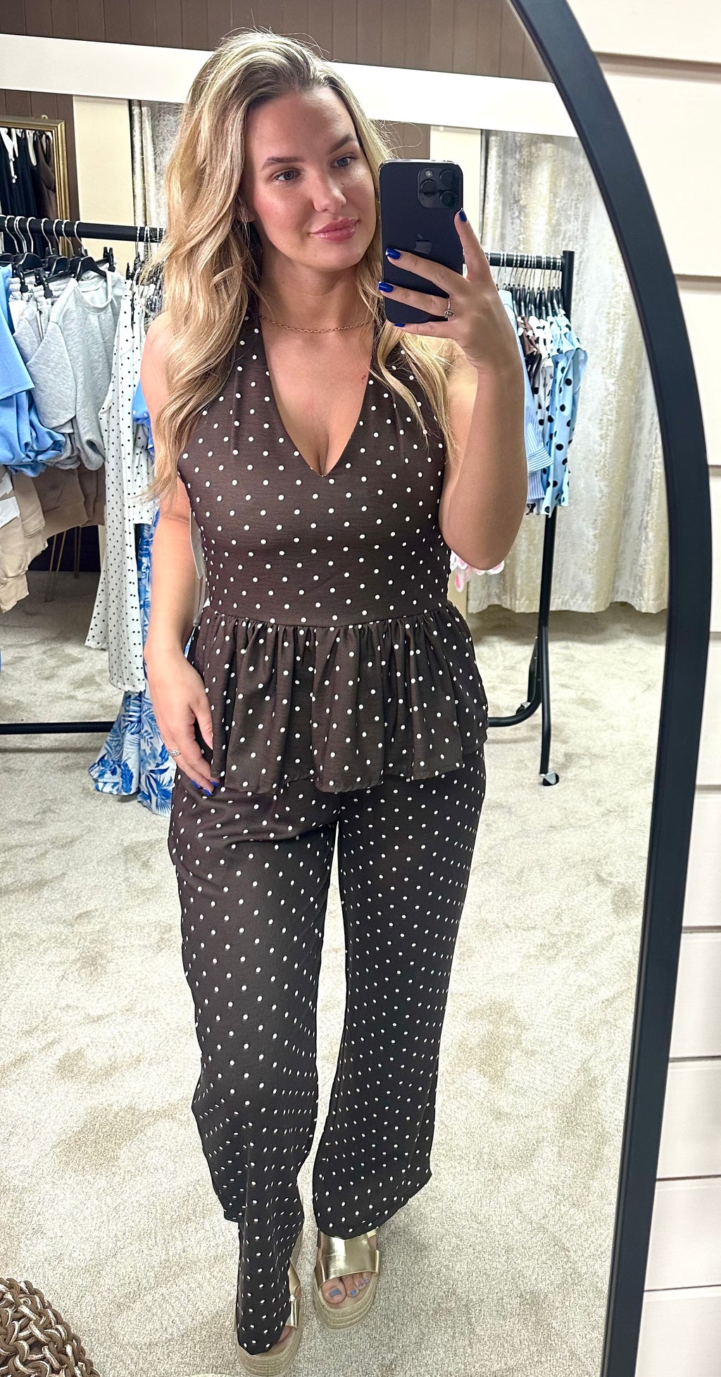 Polka Dot Halter Neck Frill Hem Top & Trouser Co Ord