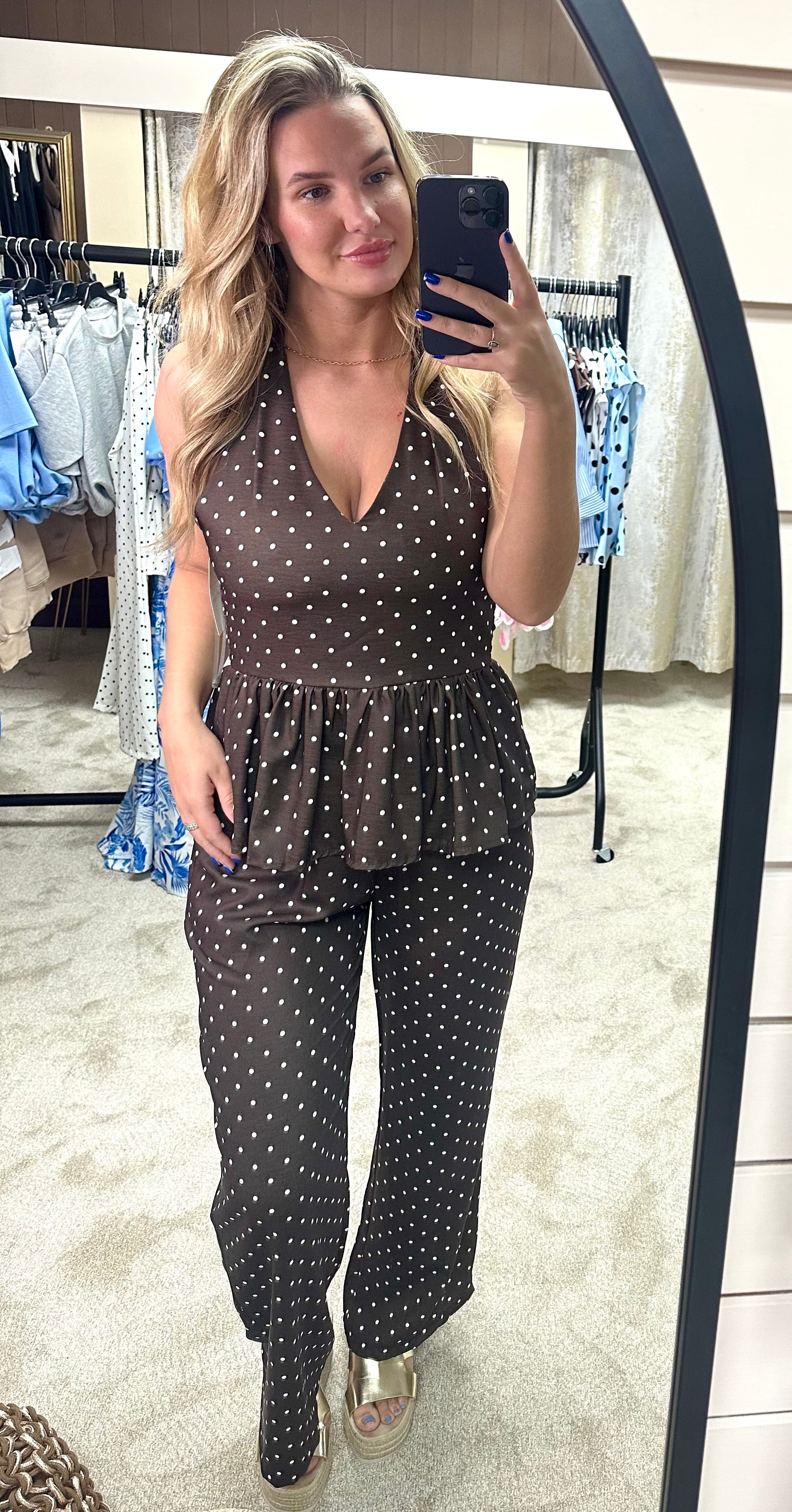 Polka Dot Halter Neck Frill Hem Top & Trouser Co Ord