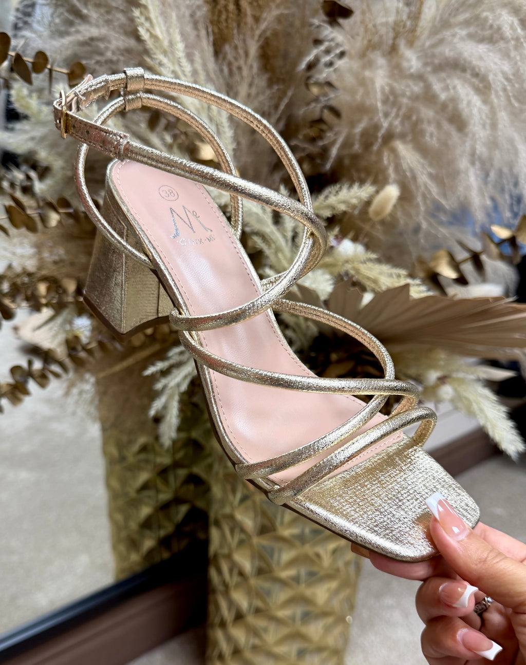 Strappy Comfy Block Heels - Metallic Gold