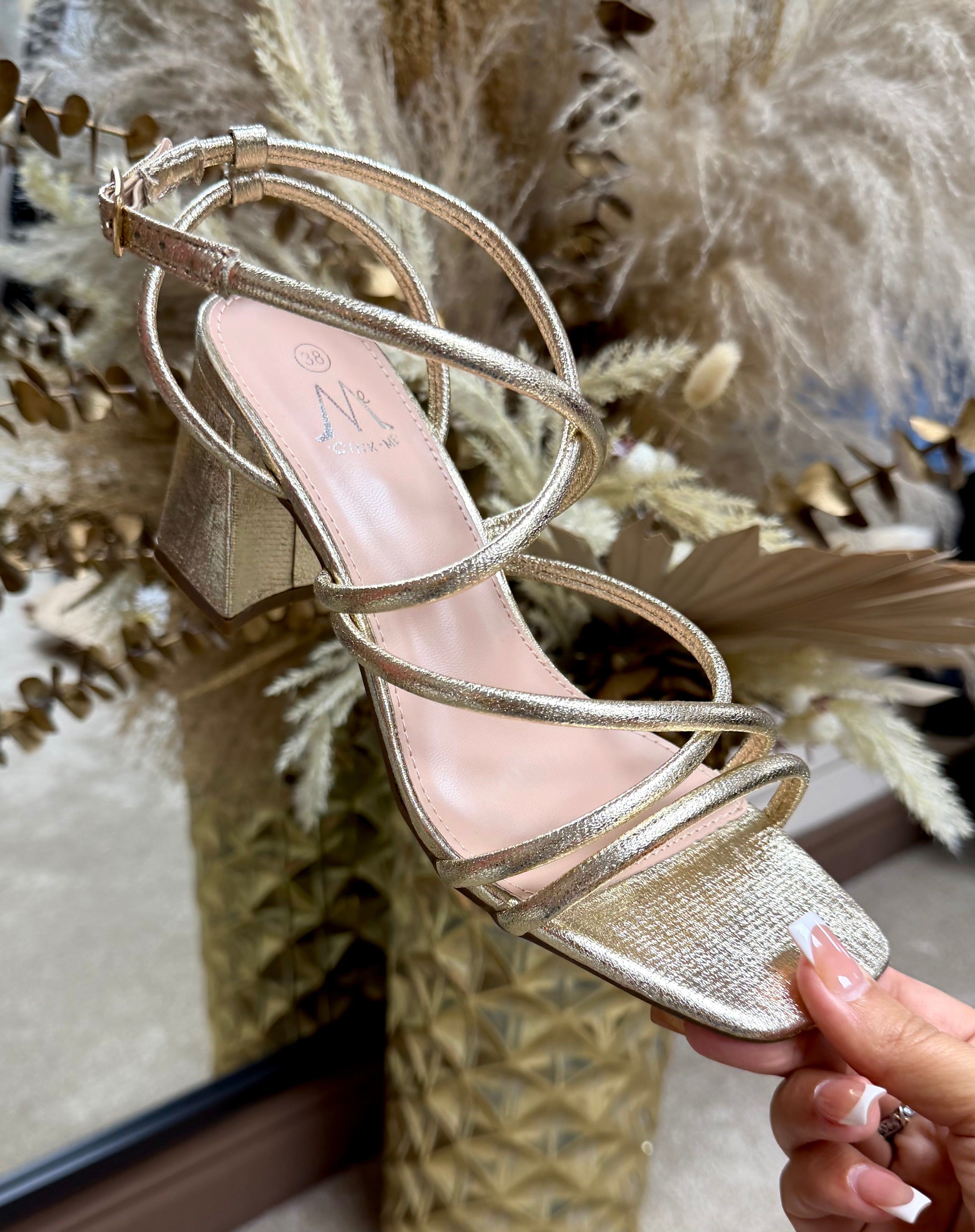 Strappy Comfy Block Heels - Metallic Gold