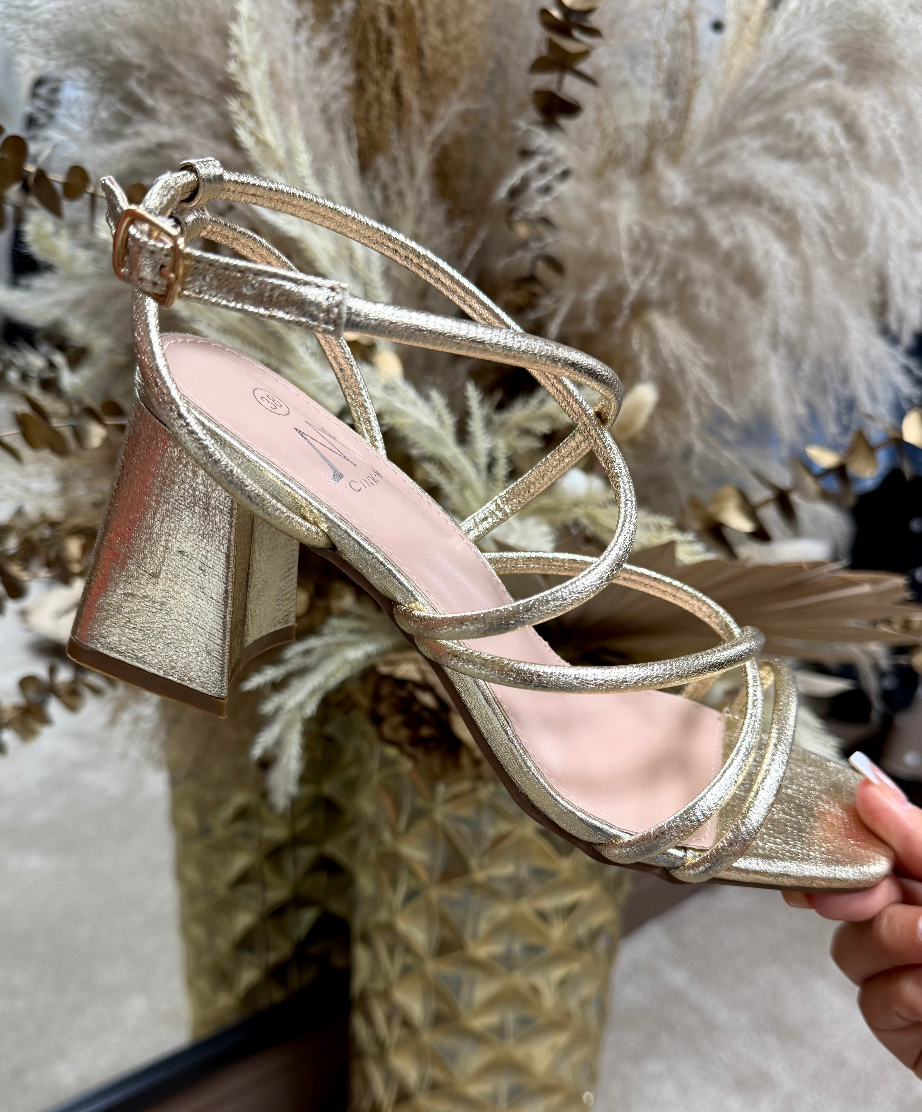 Strappy Comfy Block Heels - Metallic Gold