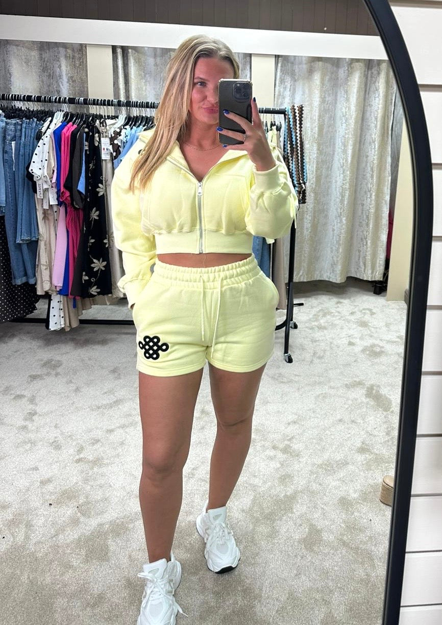 Oversized Waist Cinching Zip Up Hoodie & Shorts Knot Logo Co Ord - Lemon