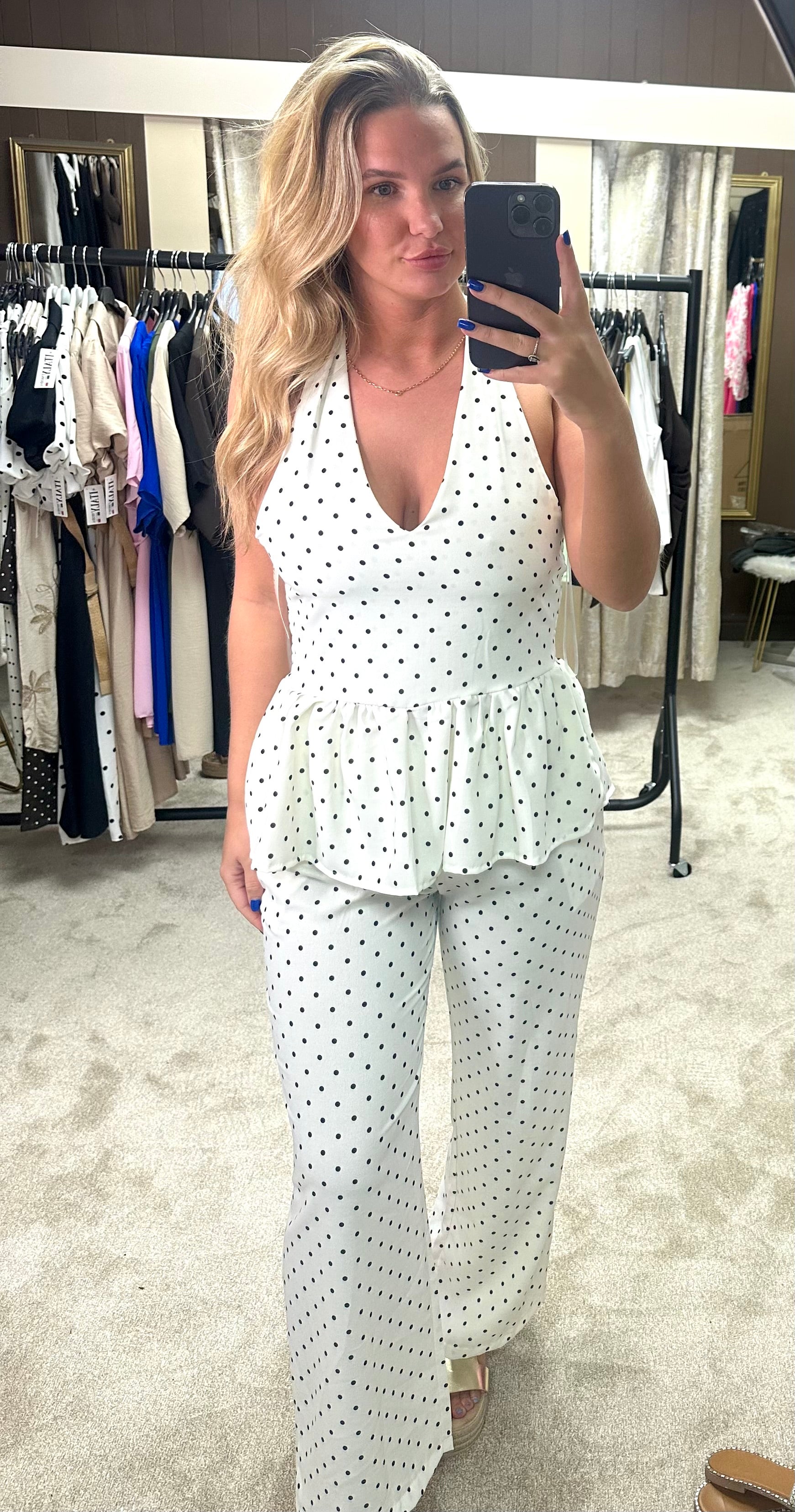 Polka Dot Halter Neck Frill Hem Top & Trouser Co Ord