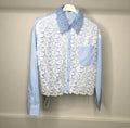 Blue & White Pinstripe Shirt with Lace Collar & White Crochet Flower Detail