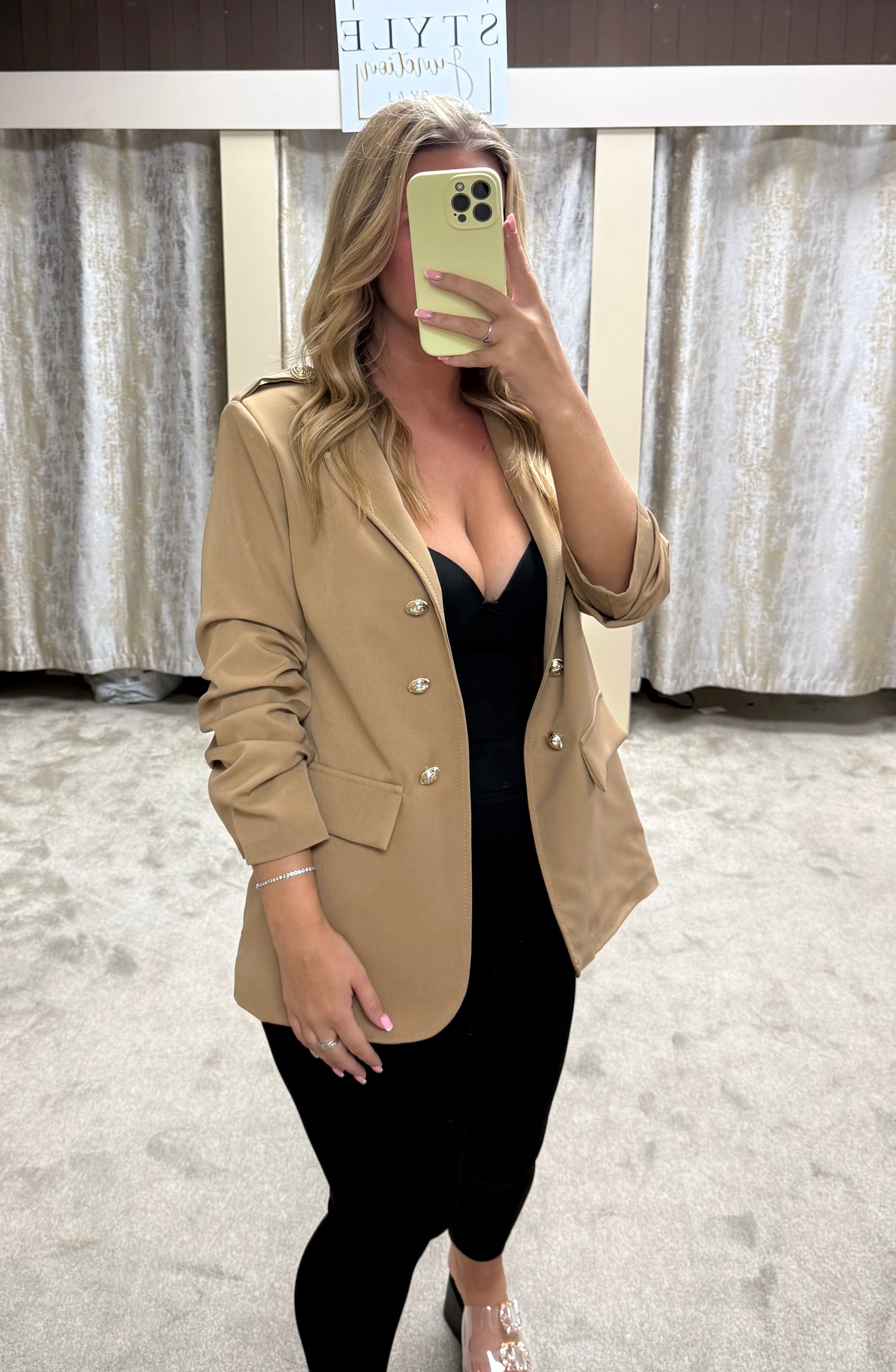 Ruched Sleeve Blazer With Gold Button Detail