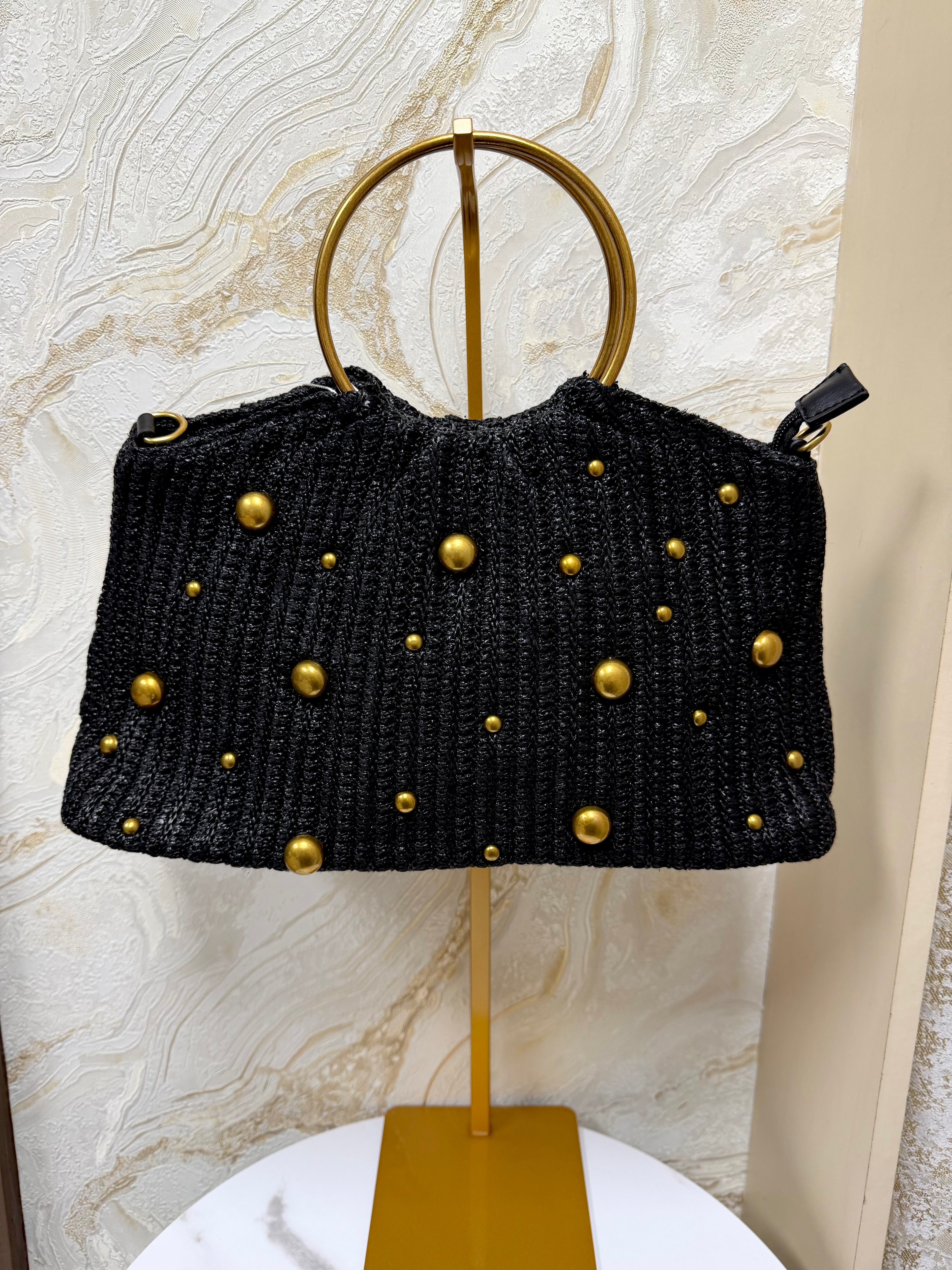 Gold Ring Handle Boho Woven Bag - Black