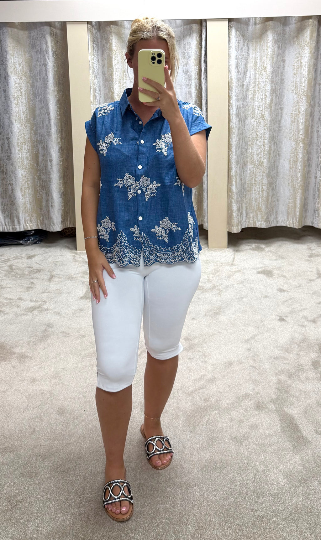 Denim & White Embroidered Cap Sleeve Shirt