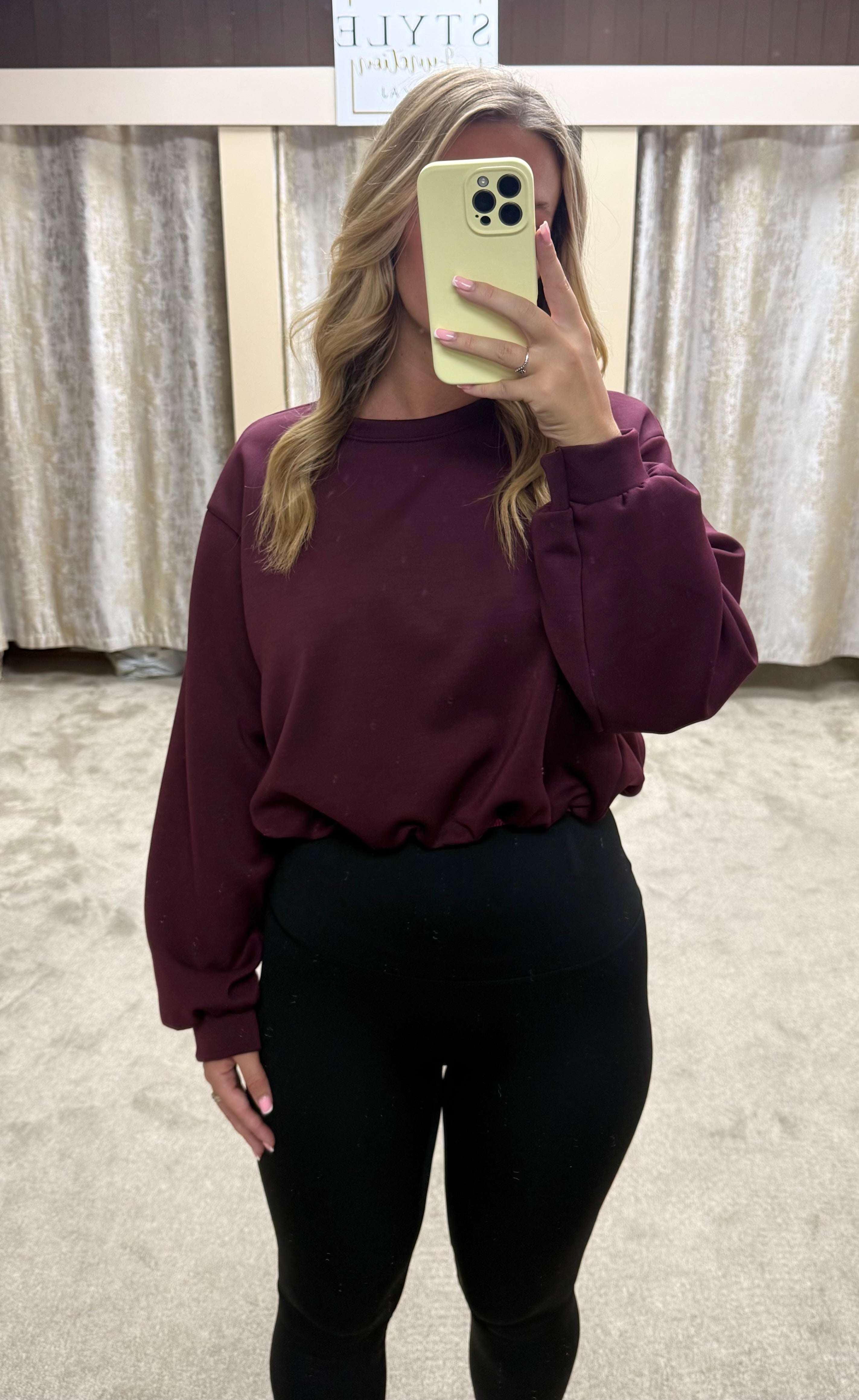 Long Sleeve Bubble Hem Elasticated Cropped Scuba Top