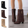 Fold Over Block Heel Shark Boots - Faux Suede with Gold Hardware Detail
