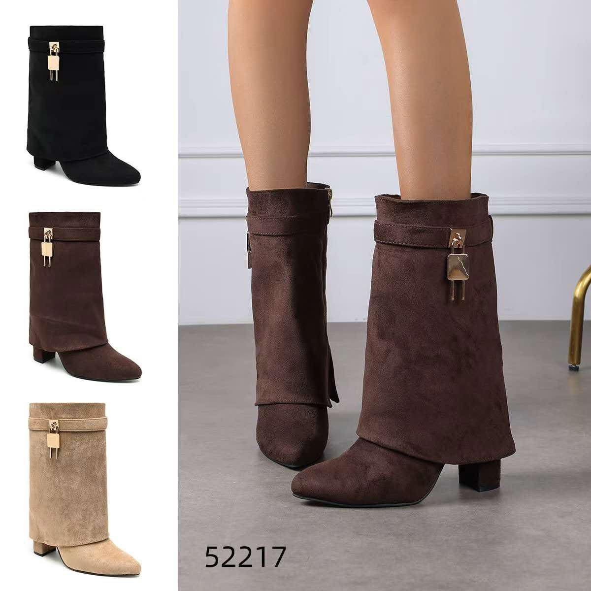 Fold Over Block Heel Shark Boots - Faux Suede with Gold Hardware Detail