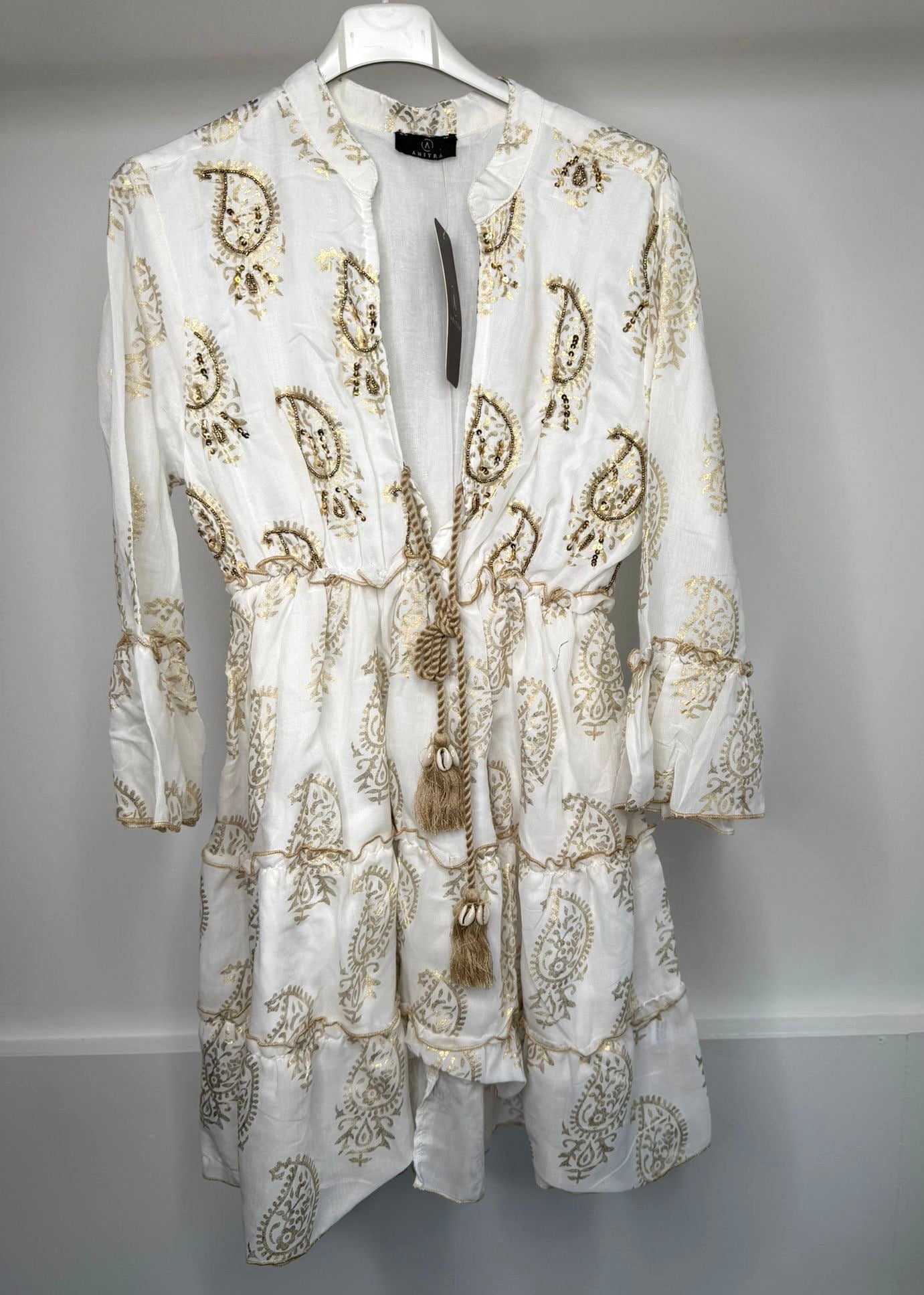 Gold Embellished Shell Tassel Detail Bohemian V Neck Dress