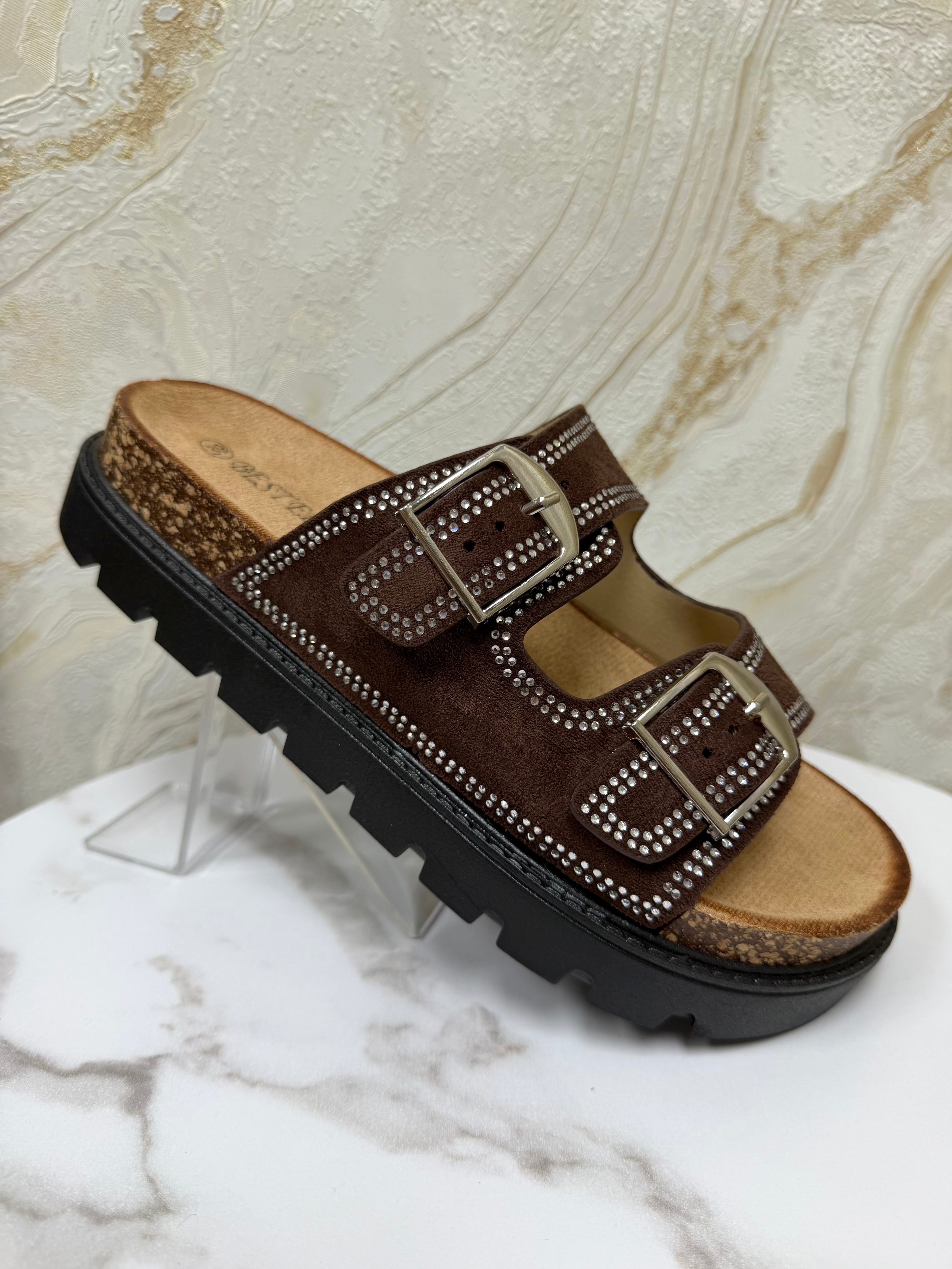 Diamanté Suede Buckle Slider - Chocolate Brown