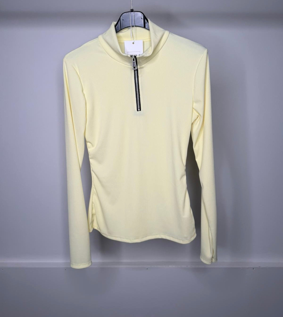 Fine Ribbed Zip Up Long Sleeve Top with Cinched Waist Detailing