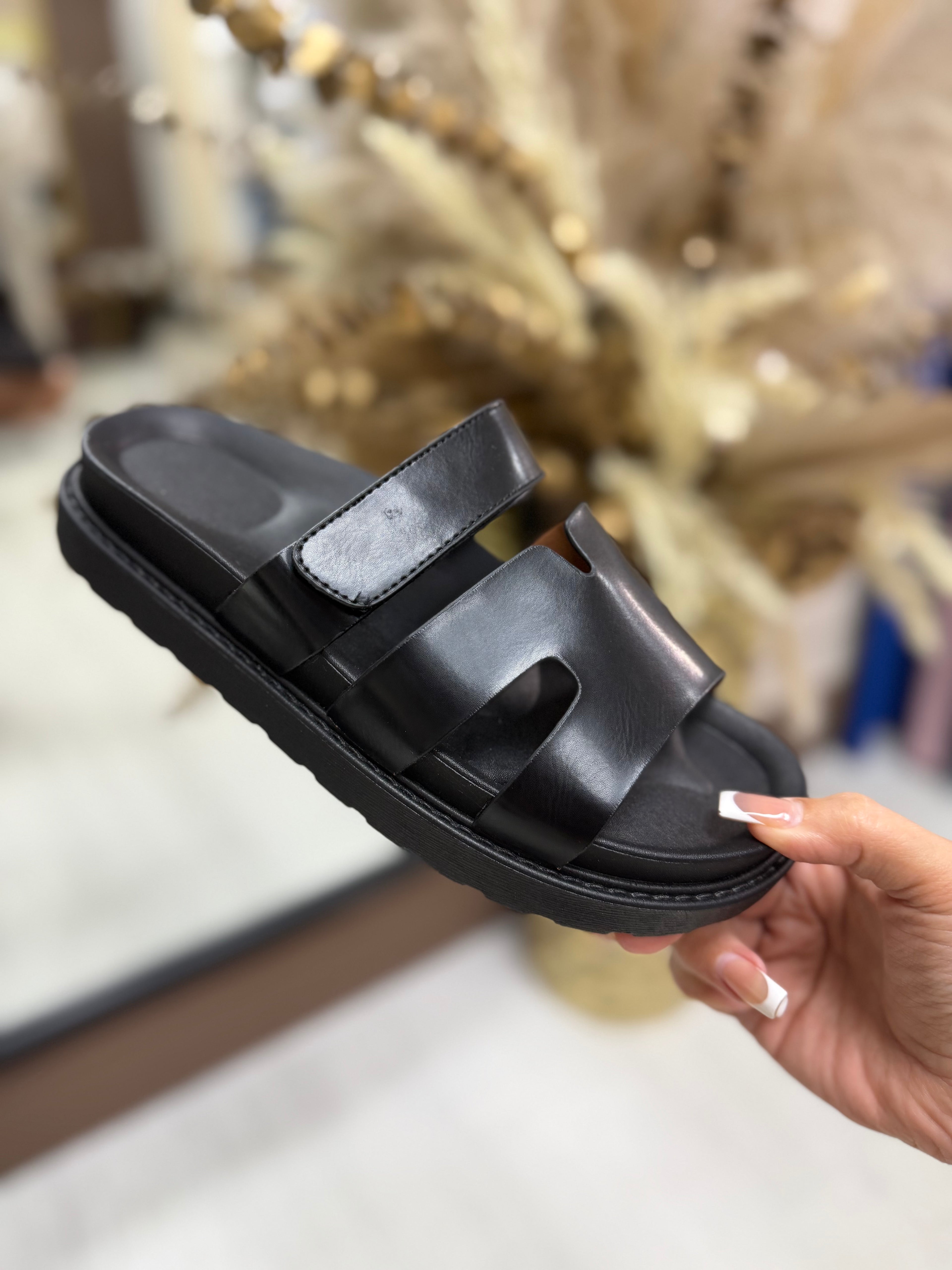 Hermes Inspired Velcro Sliders - Black