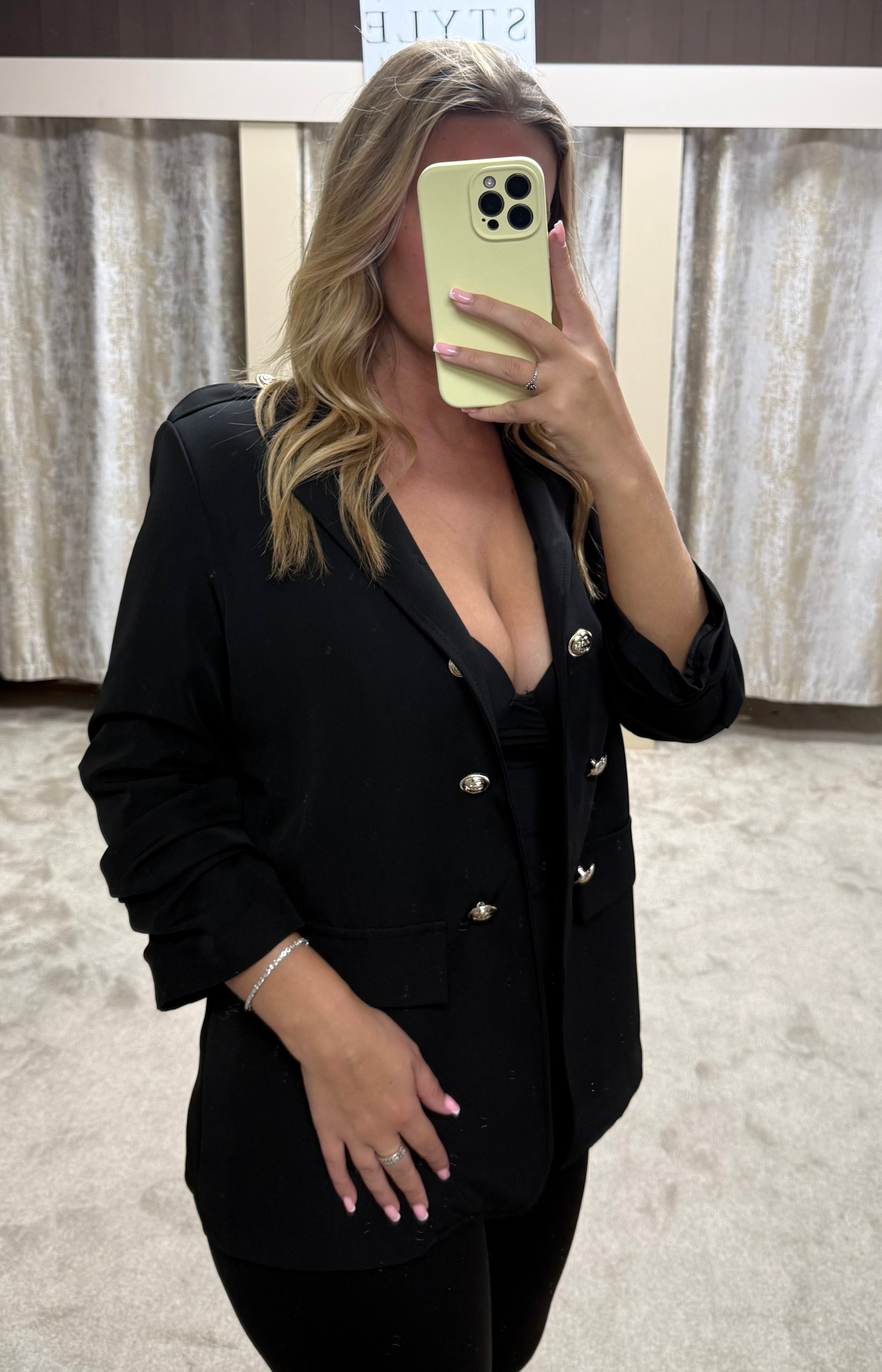 Ruched Sleeve Blazer With Gold Button Detail