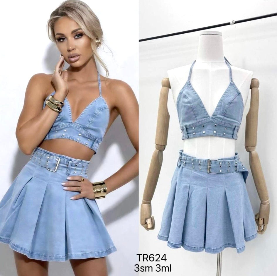 Denim Triangle Bra Top & Belted Skirt Co Ord