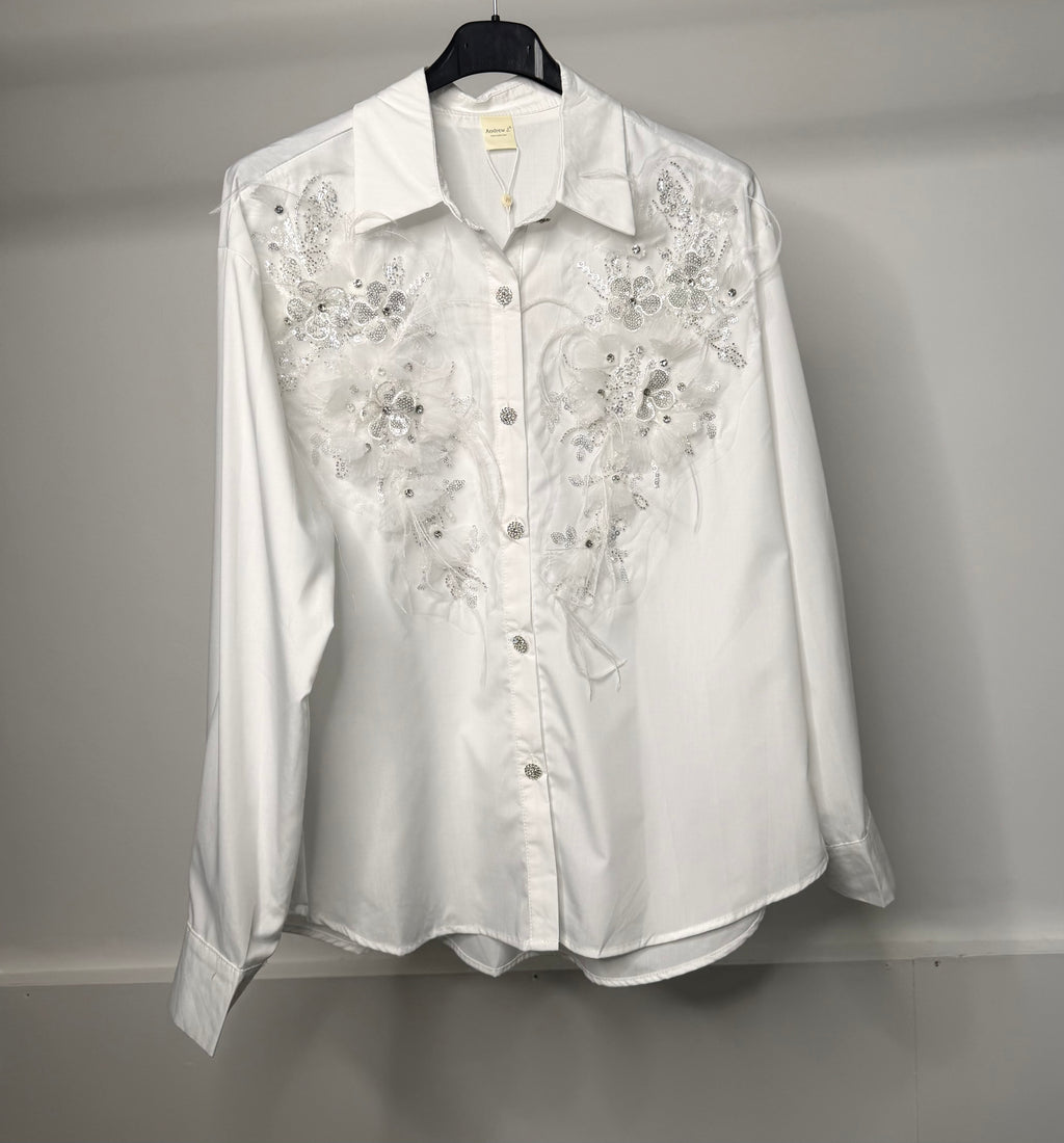LUXE Embellished Diamanté Mesh Flower Detail Shirt