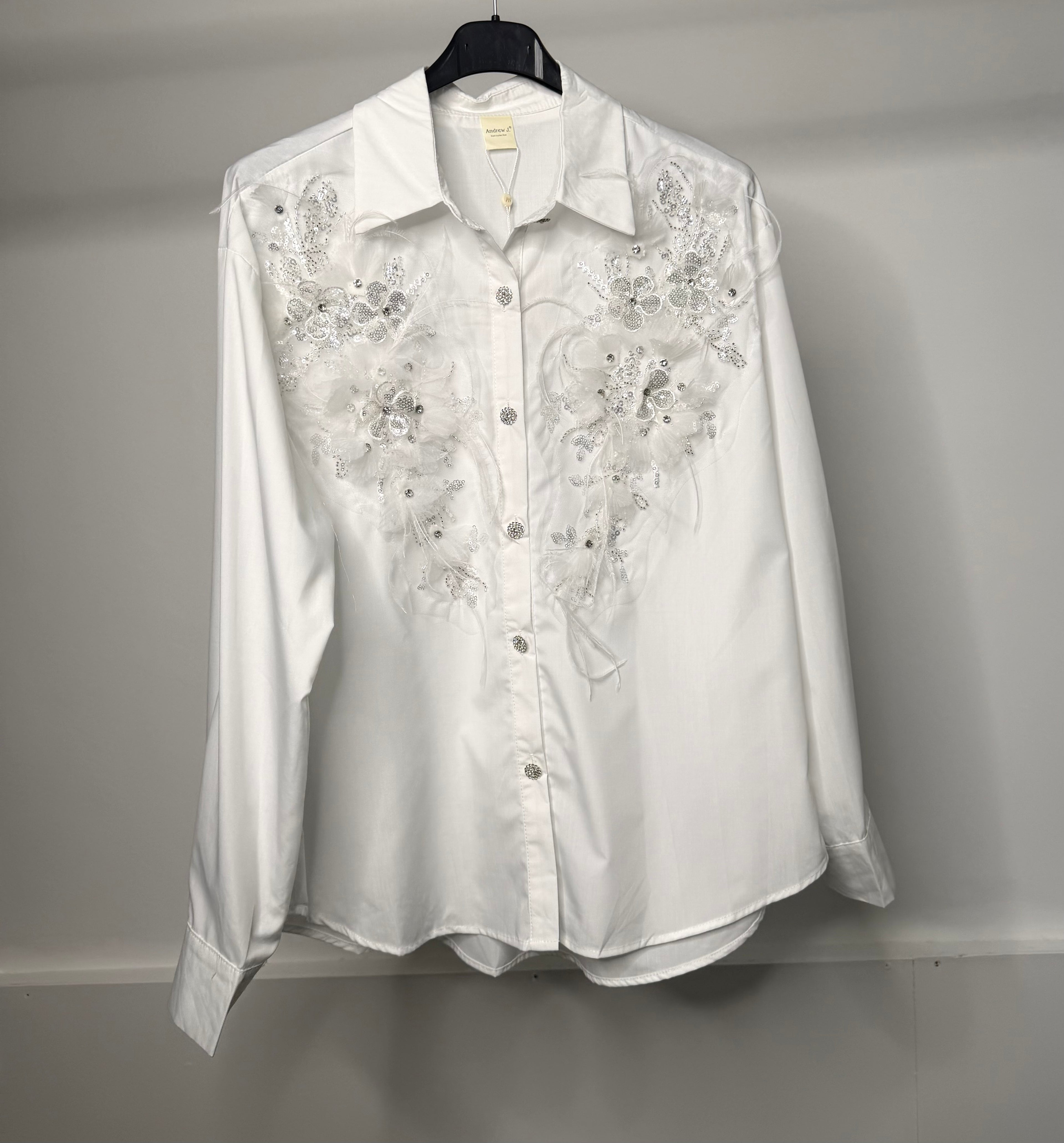 LUXE Embellished Diamanté Mesh Flower Detail Shirt