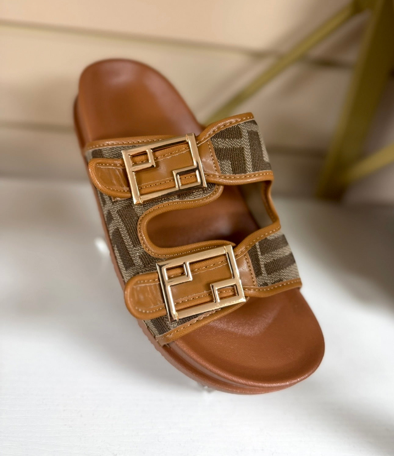 F Inspired Gold Buckle Detail Sliders