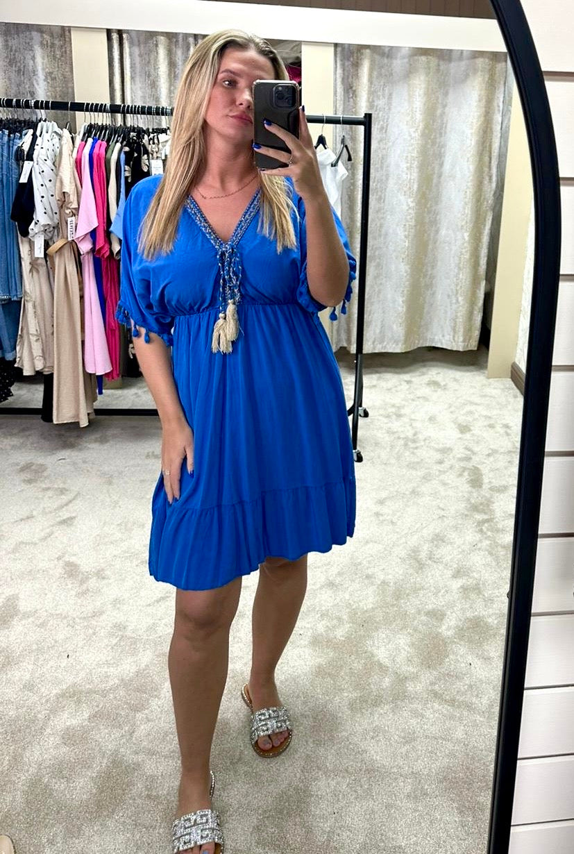 Tassel Detail V Neck Elasticated Waist Smock Dress