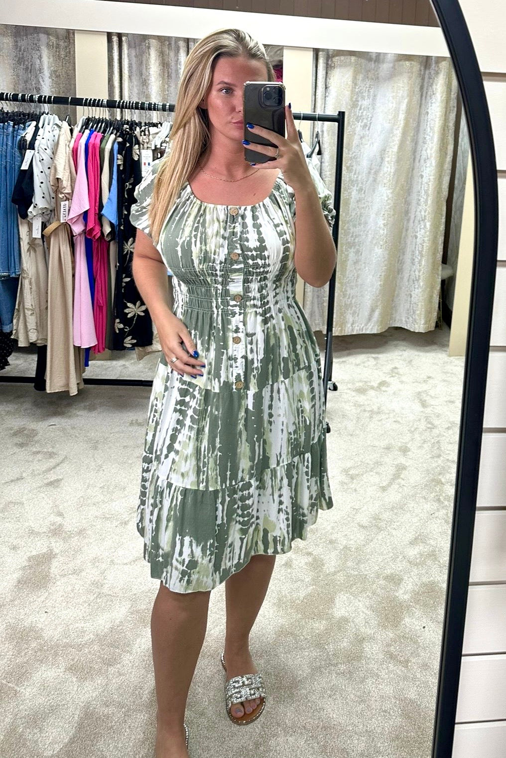 Tie Dye Elasticated Waist Cinching Tiered Dress
