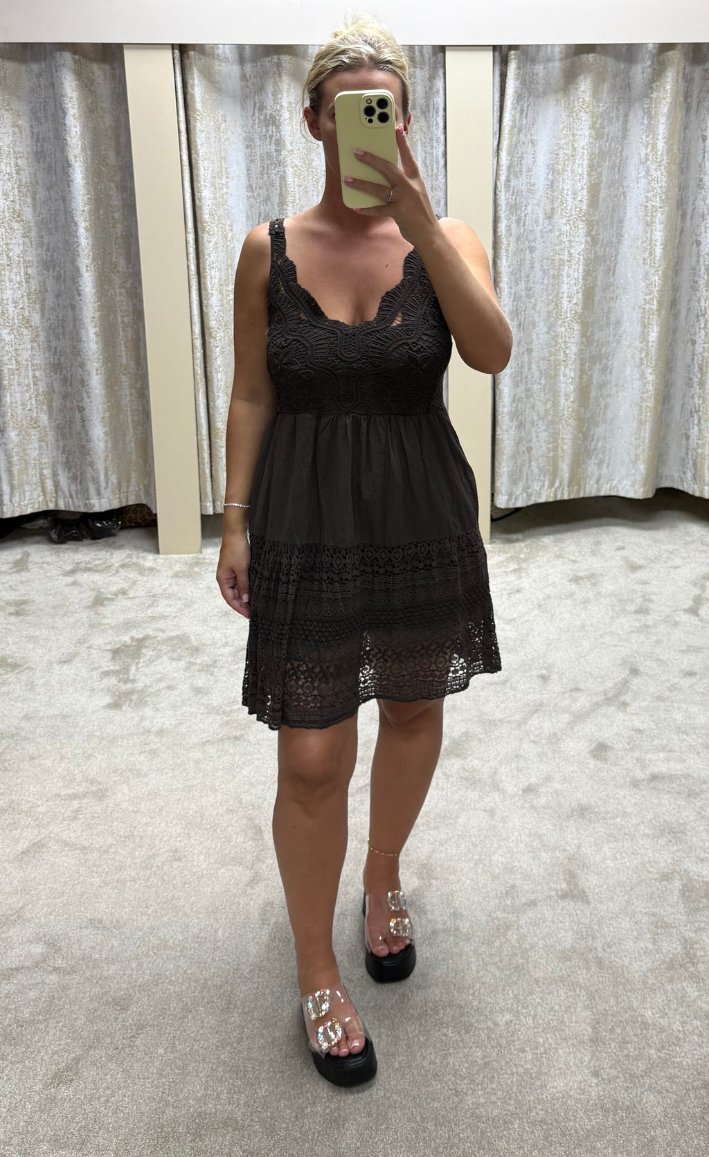 Crochet Detail Elasticated Back Lined Dress - Chocolate Brown
