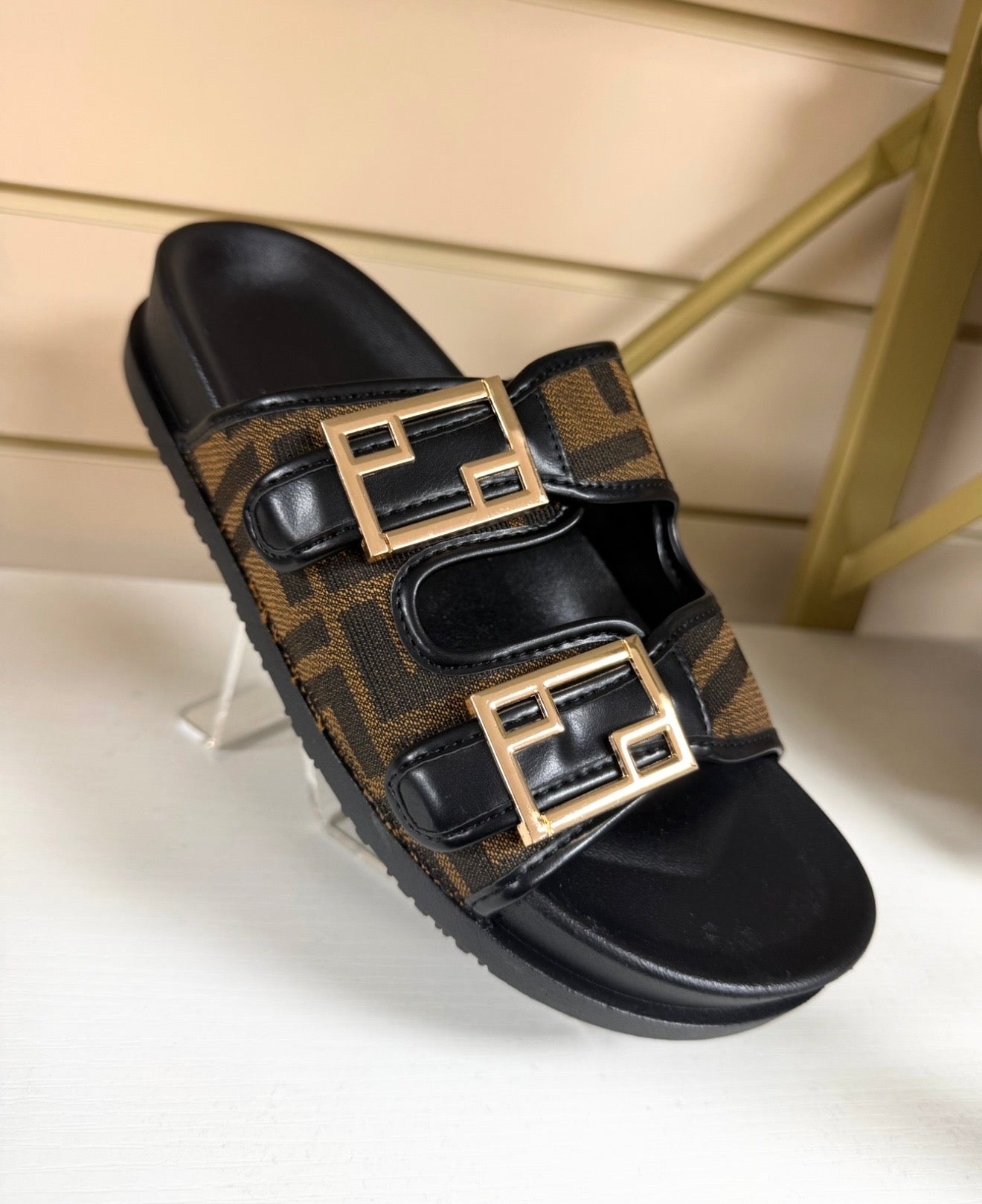 F Inspired Gold Buckle Detail Sliders