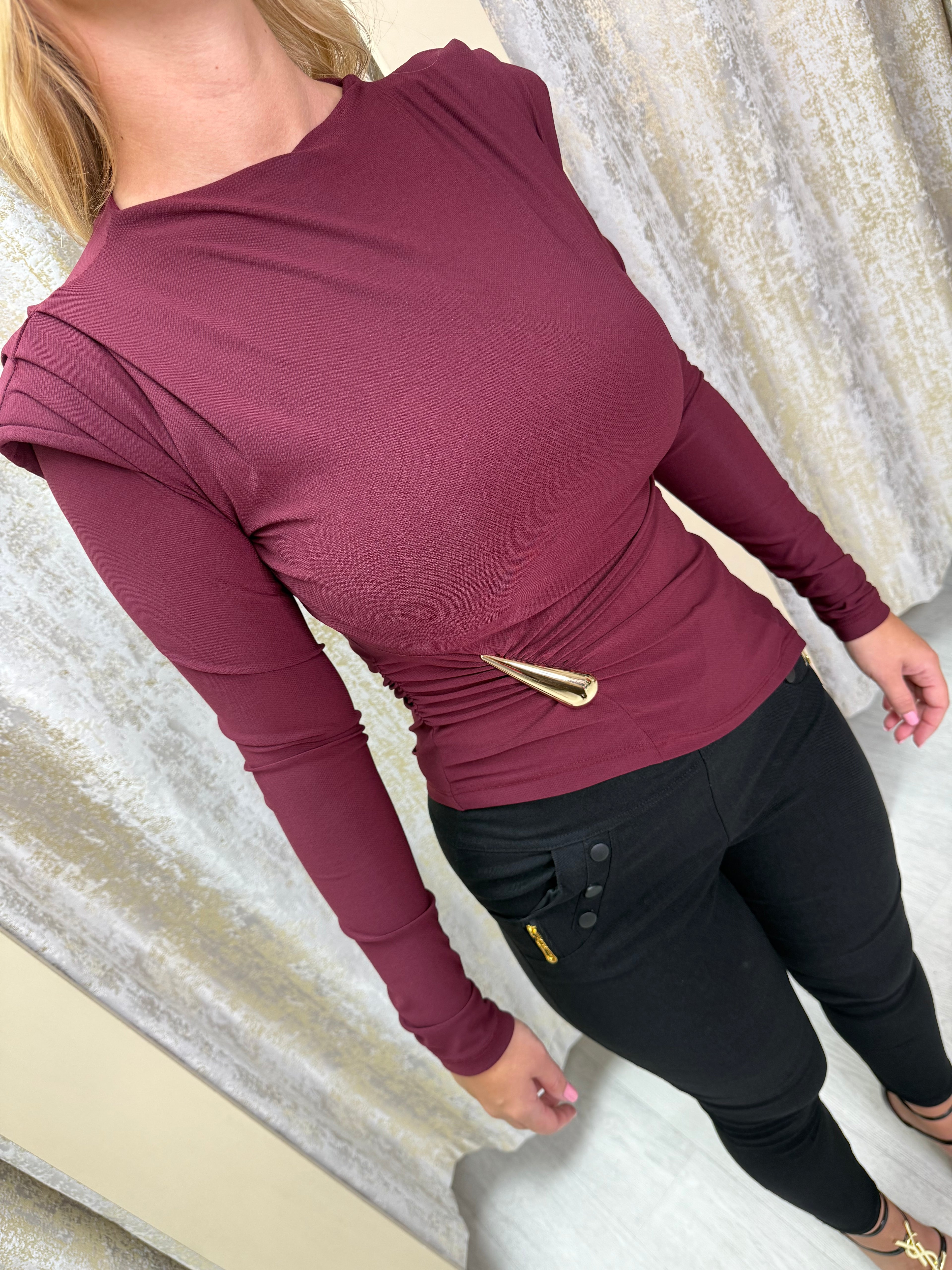 Asymmetric Side Split Long Sleeve Buckle Top with Shoulder Pads & Ruched Detailing
