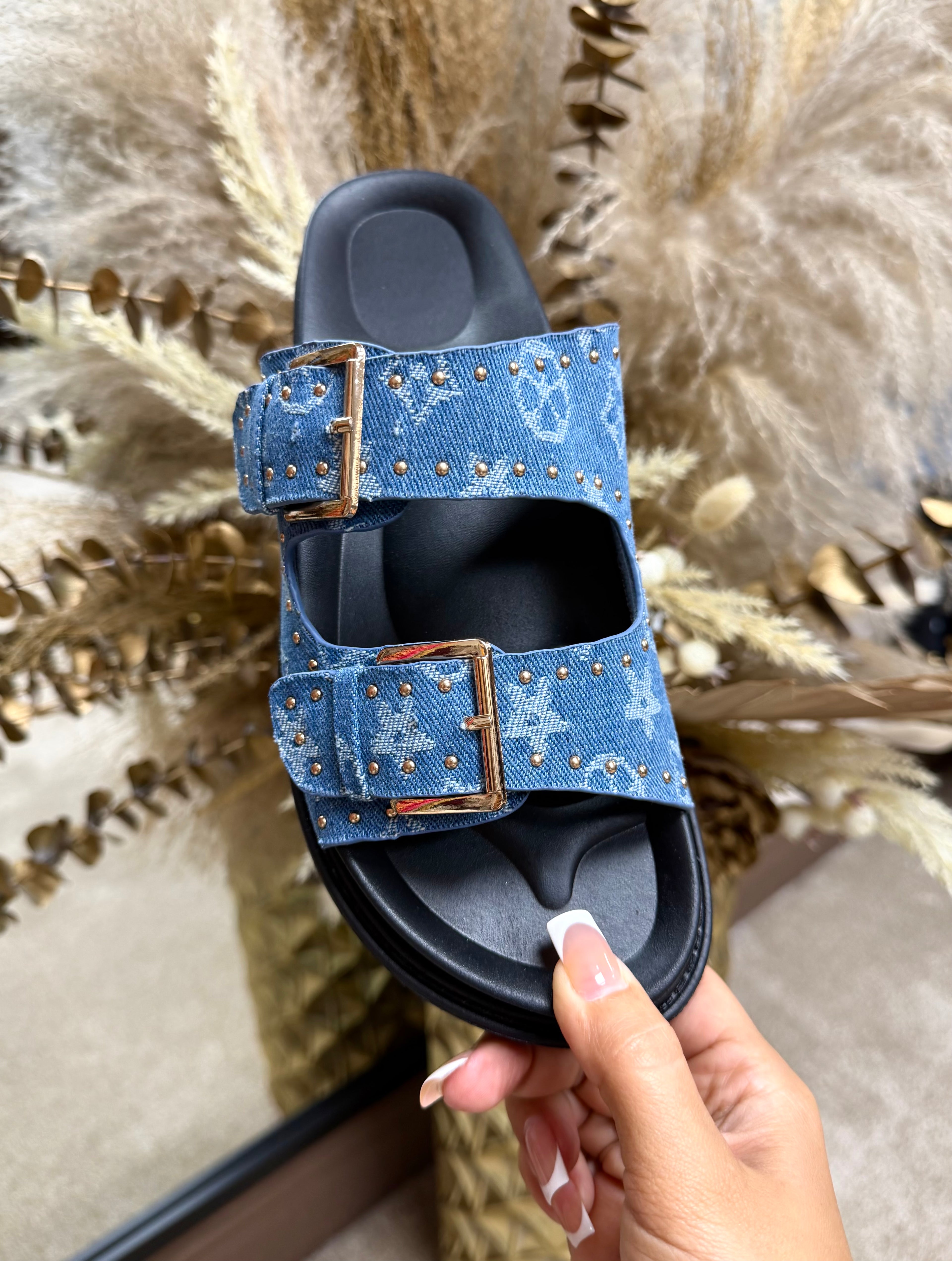 Louis Vuitton Inspired Denim Sliders