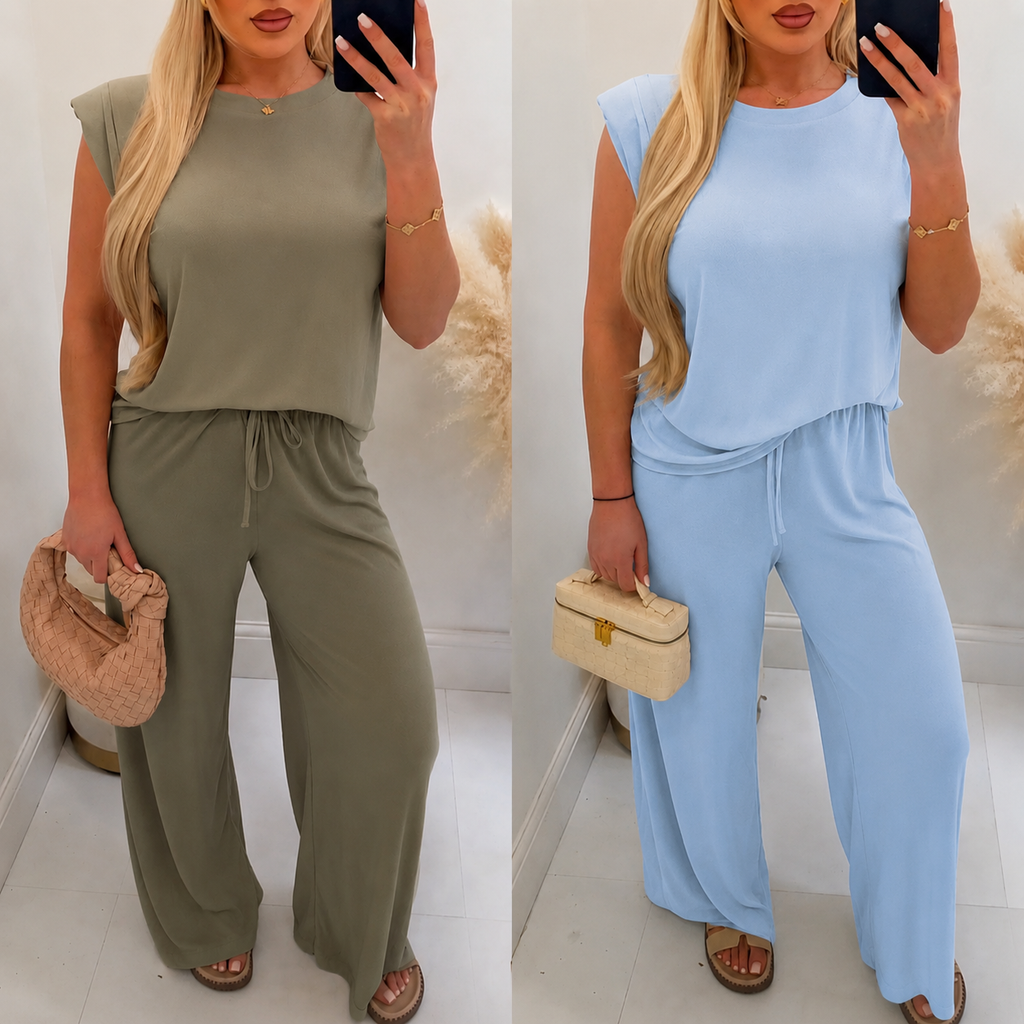 Flattering Ruched Detail Shoulder Pad Top & Elasticated Waist Trouser Co Ord