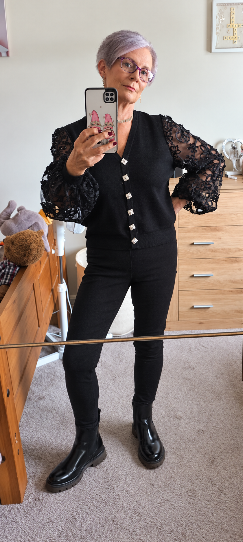 Crochet Detail Mesh Sleeve Cardigan With Diamanté Buttons