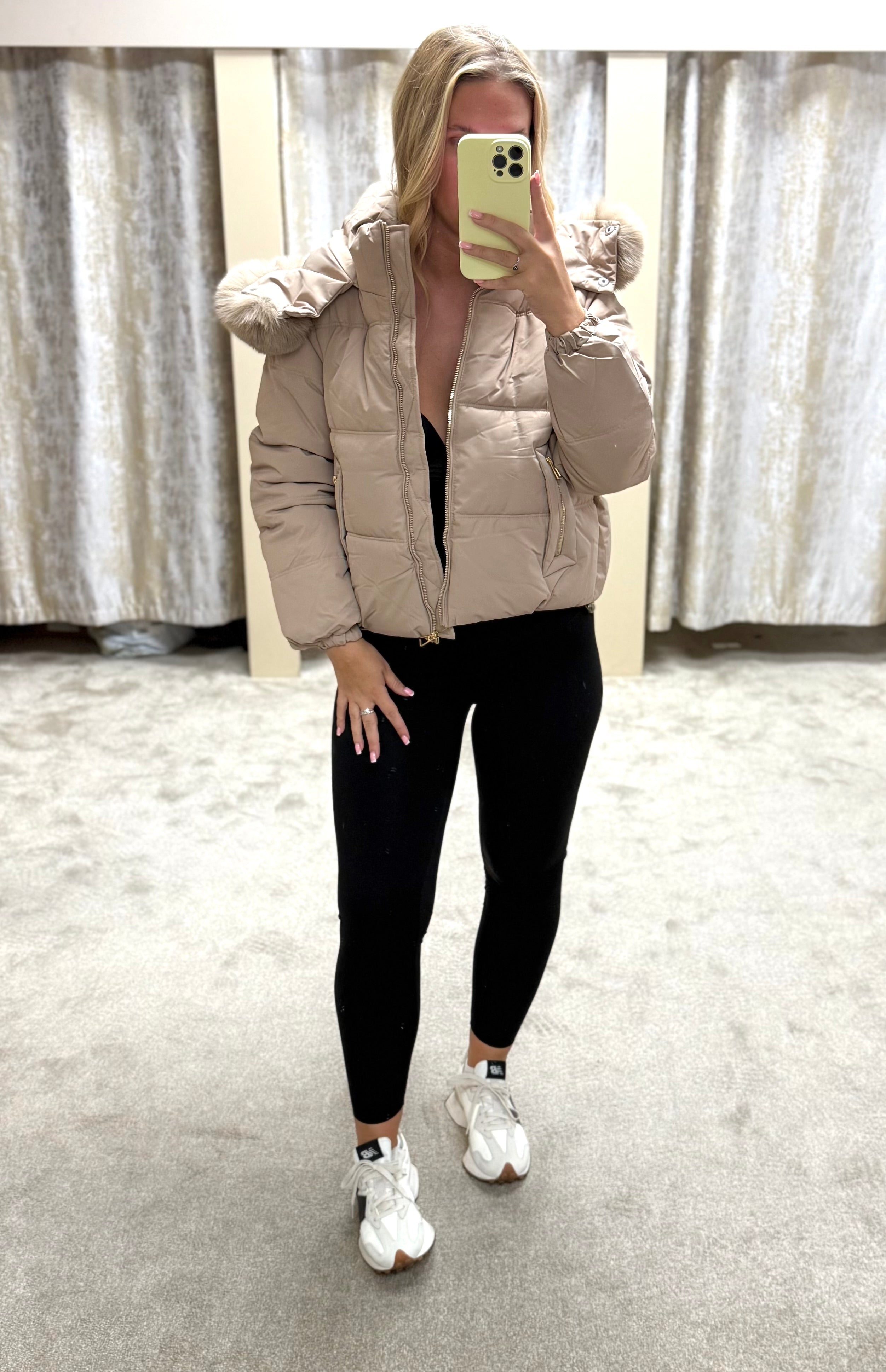 Luxe Faux Fur Gold Zip Detail Coat - Beige