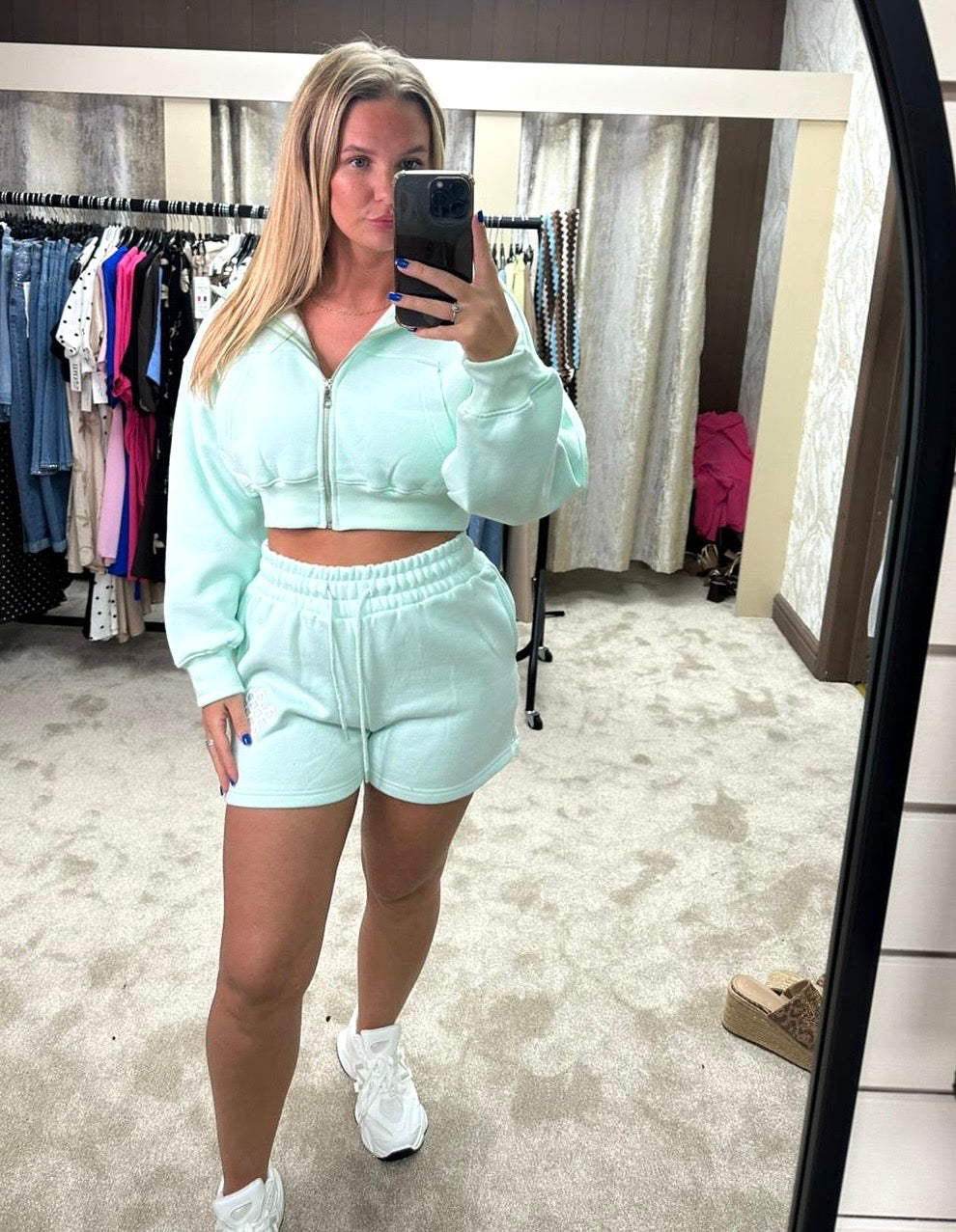 Oversized Waist Cinching Zip Up Hoodie & Shorts Knot Logo Co Ord - Mint Green