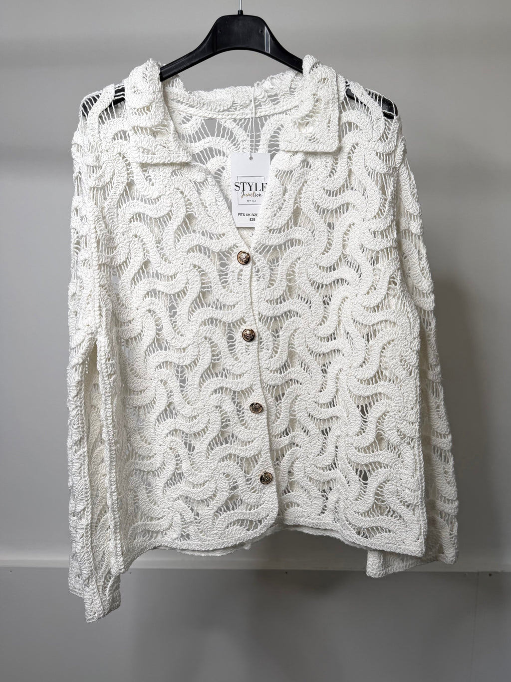 White Crochet Collared Cardigan With Gold Button Detail