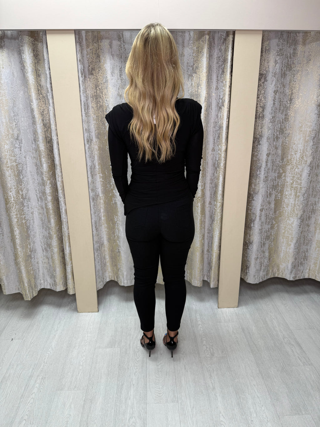 Asymmetric Side Split Long Sleeve Buckle Top with Shoulder Pads & Ruched Detailing