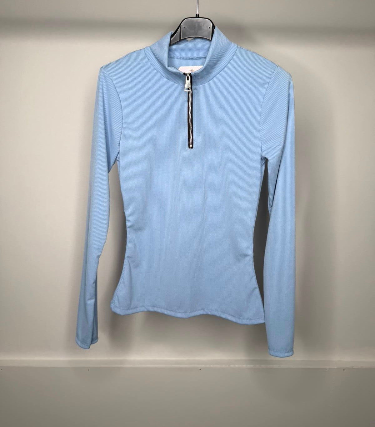 Fine Ribbed Zip Up Long Sleeve Top with Cinched Waist Detailing