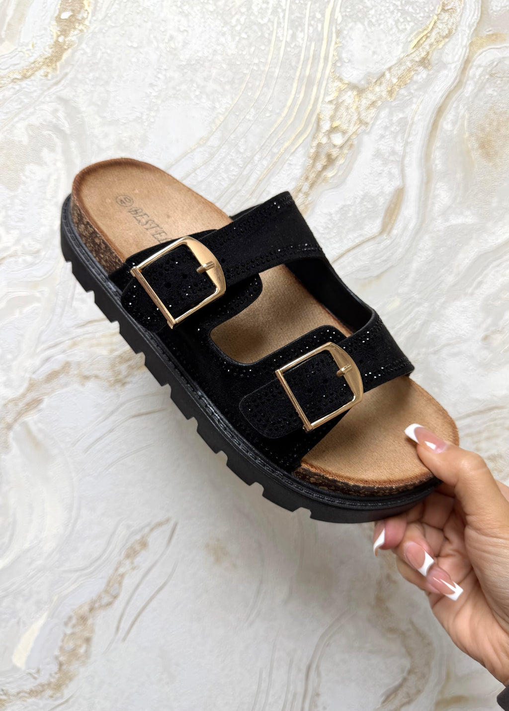 Diamanté Buckle Sliders - Black