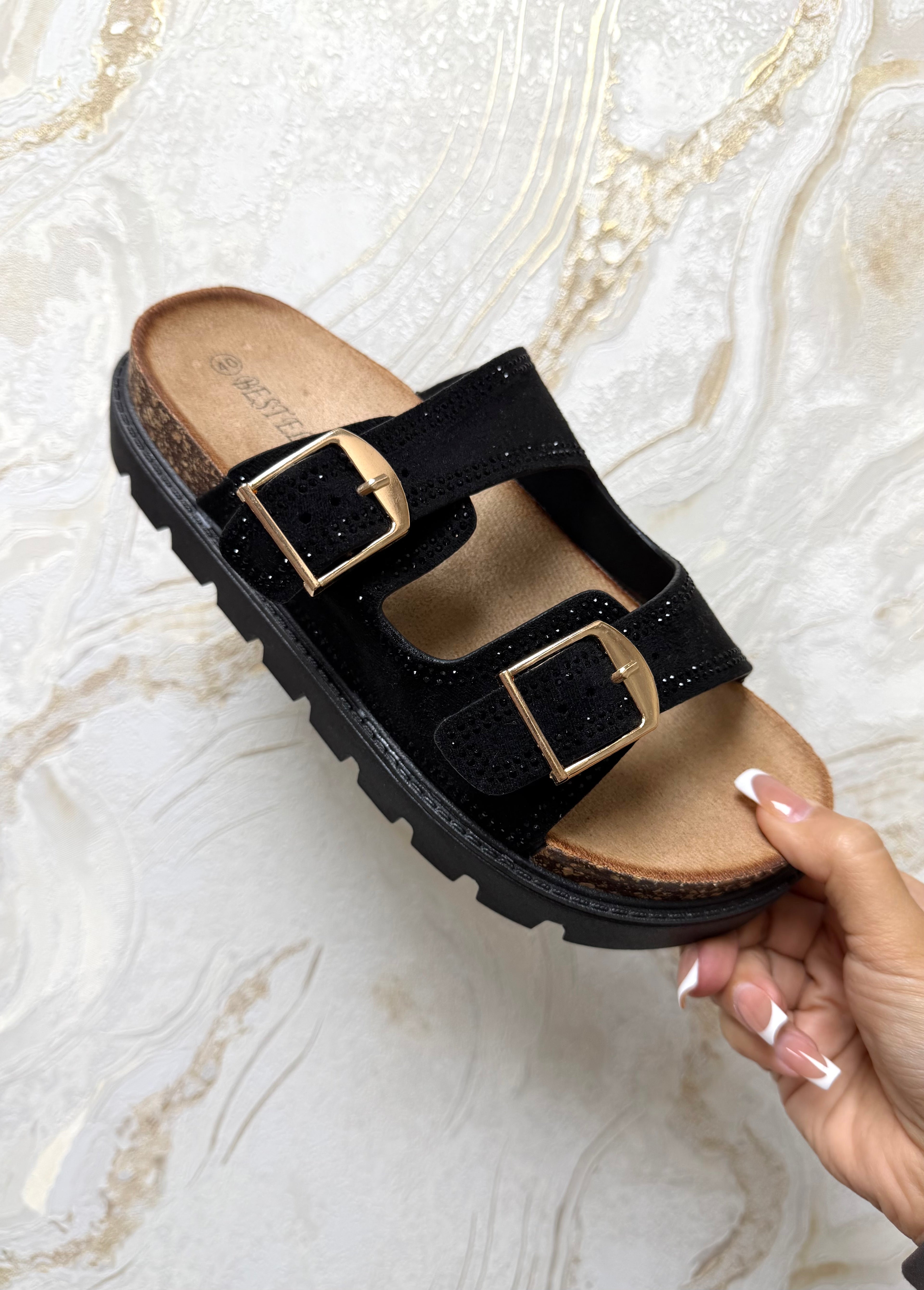 Diamanté Buckle Sliders - Black