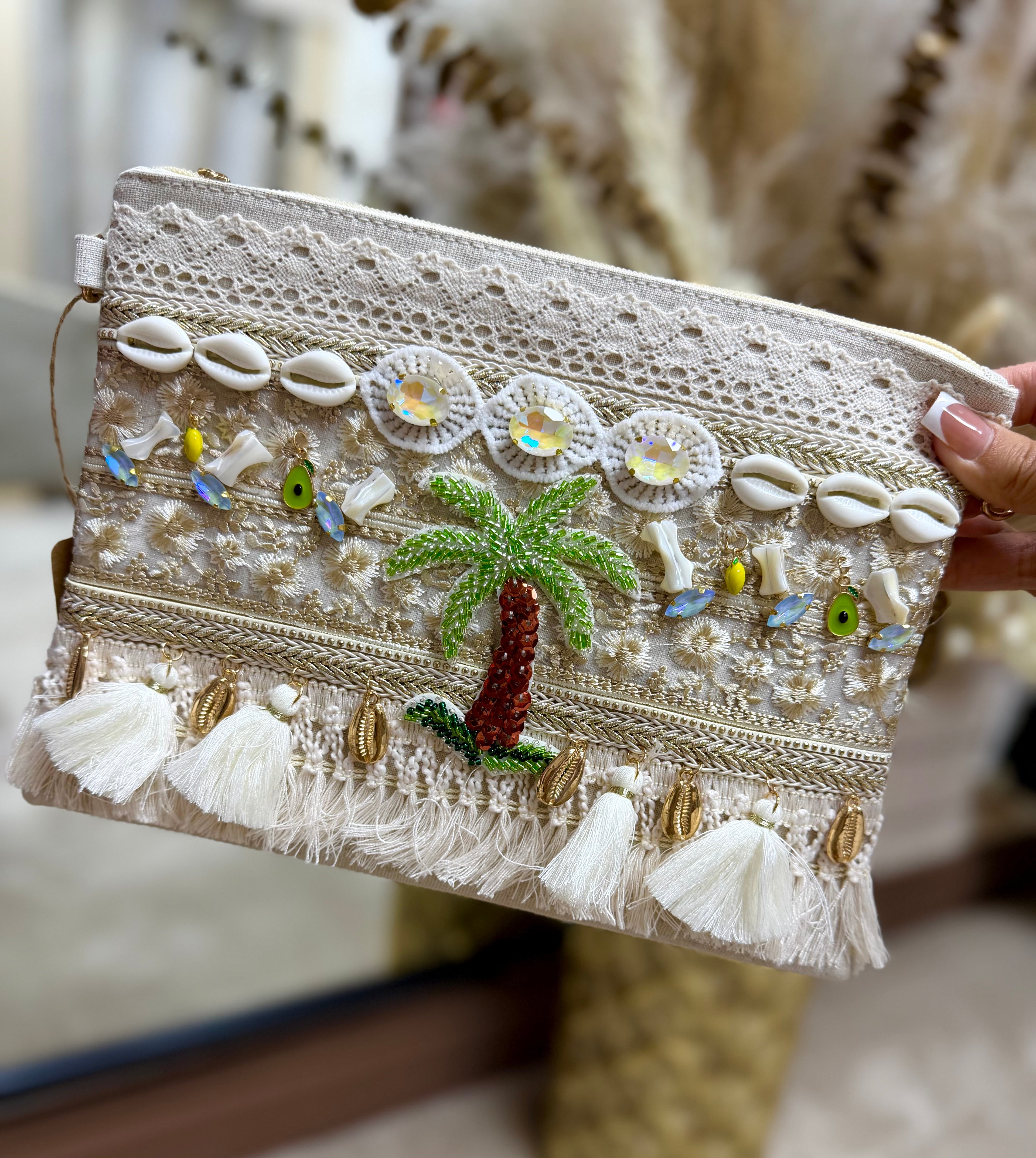Embellished Boho Clutch Bag - Palm Tree