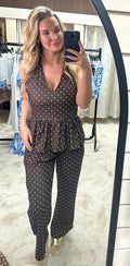 Polka Dot Halter Neck Frill Hem Top & Trouser Co Ord