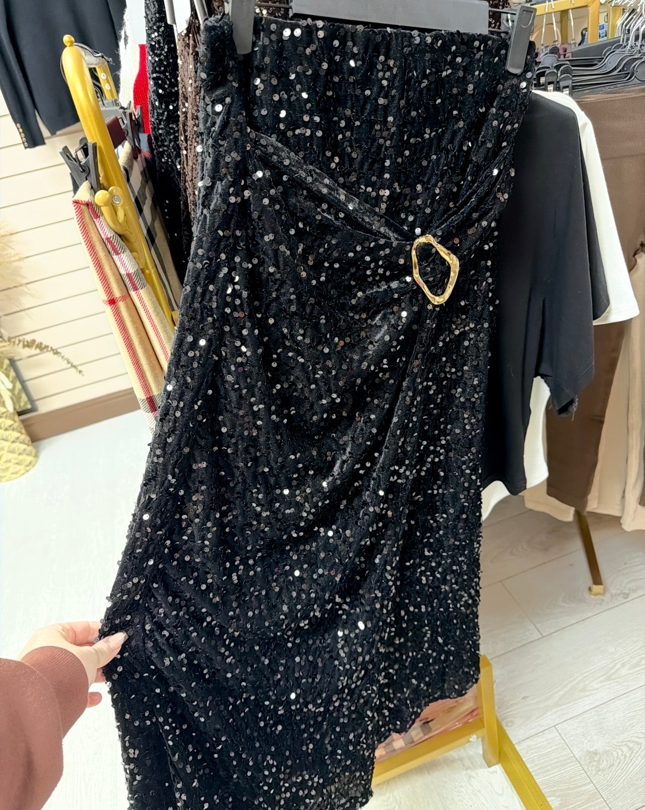 Gold Buckle Velvet Sequin Wrap Midi Skirt