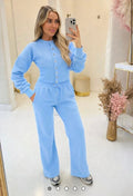 Corset Fit Cinched Waist Snap Button Sweatshirt with Wide Leg Trousers - Baby Blue