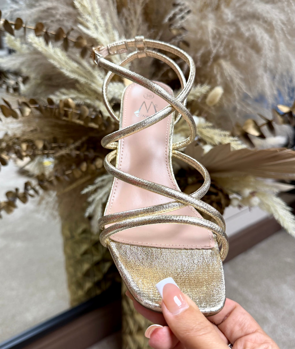 Strappy Comfy Block Heels - Metallic Gold