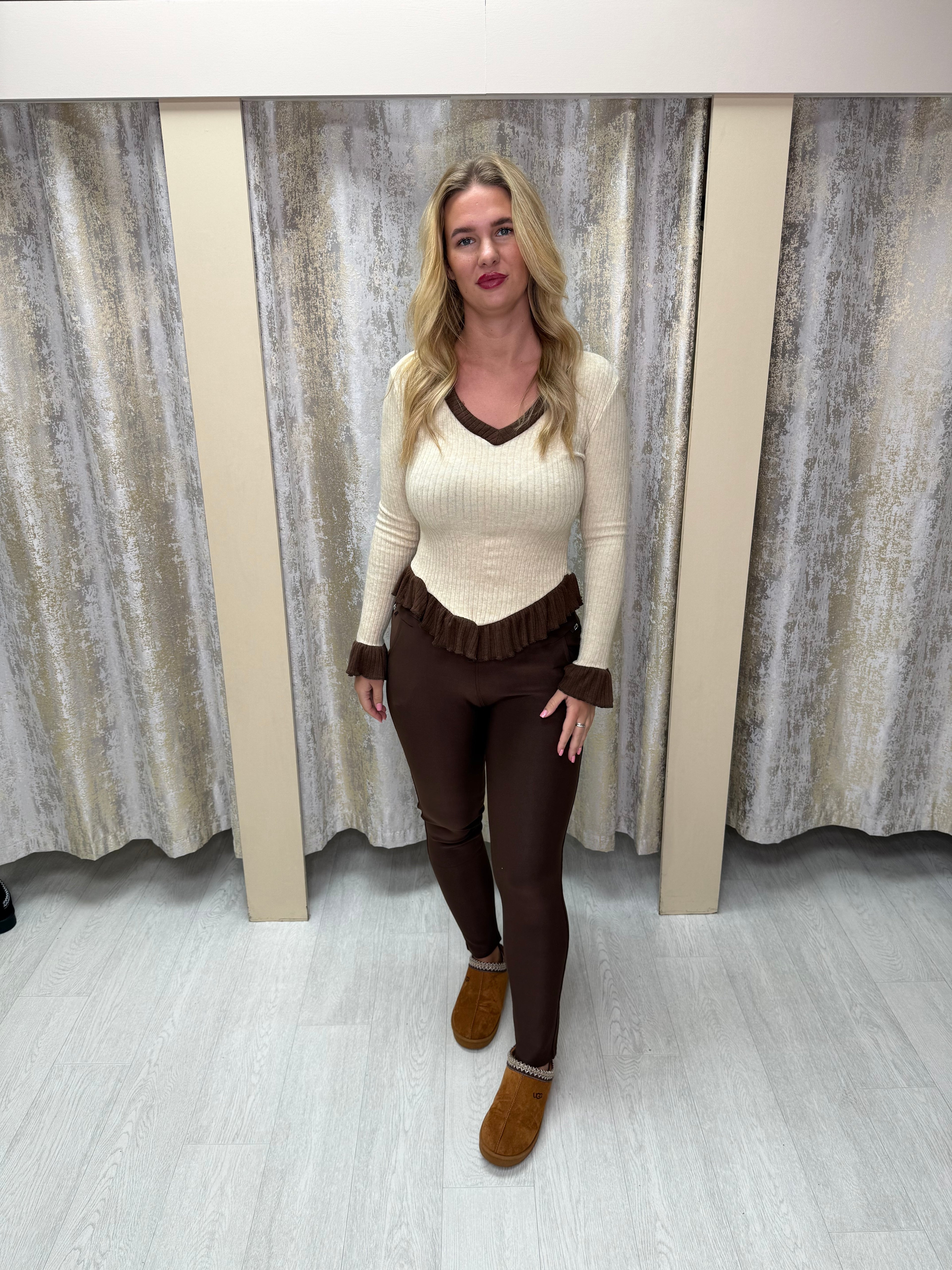 Diamanté Detail High Waisted Shaping Leggings with Pockets - Chocolate Brown