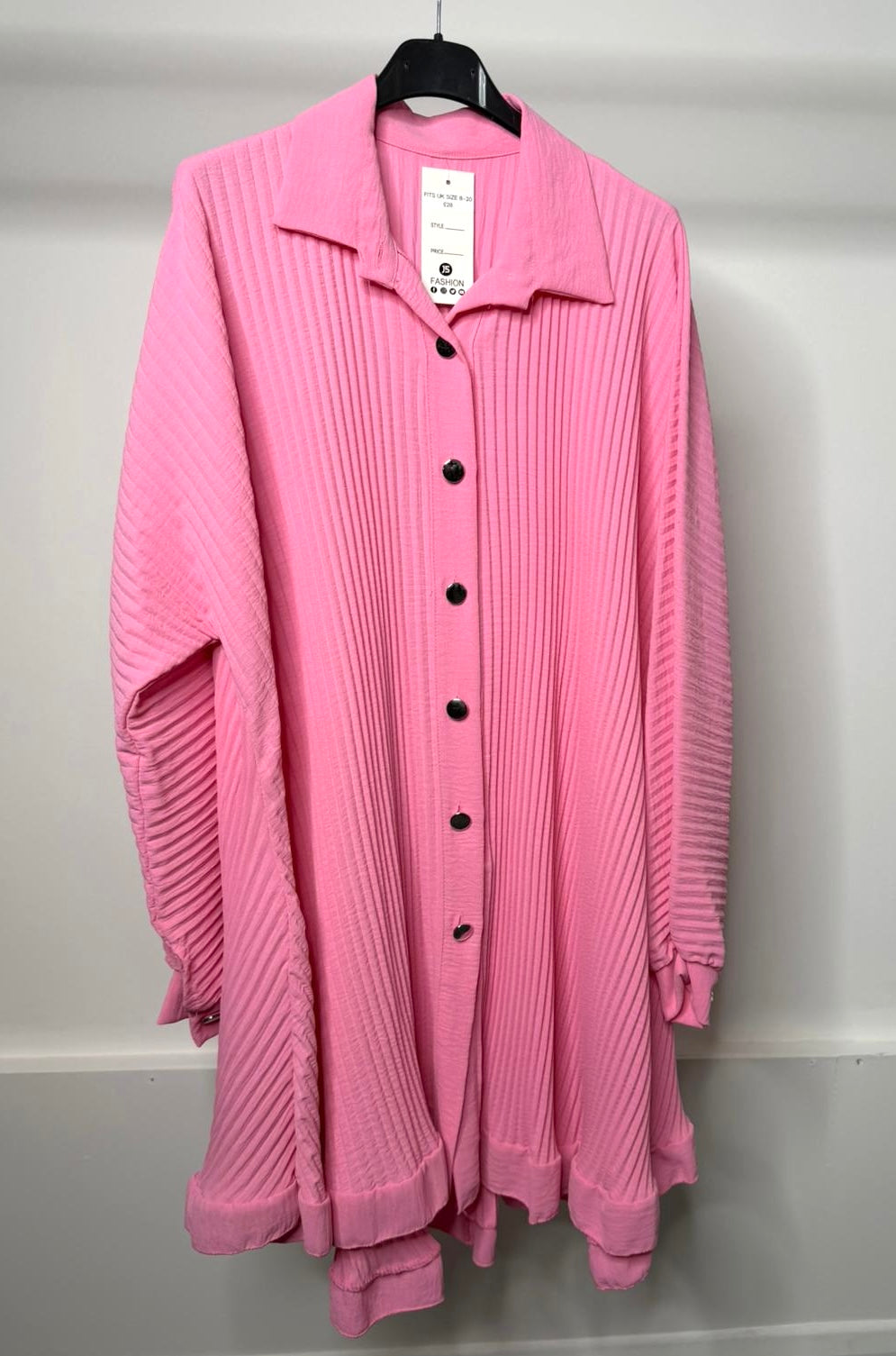 Oversized Pleated Plisse Frill Ruffe Long Sleeve Dress with Gold Button Detail