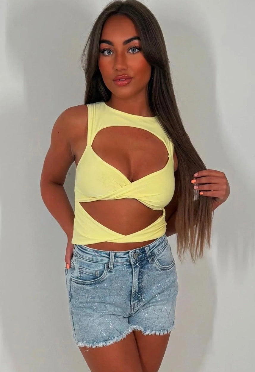 Diamond Detail Diamanté Stretchy Denim Shorts with Frayed Hem