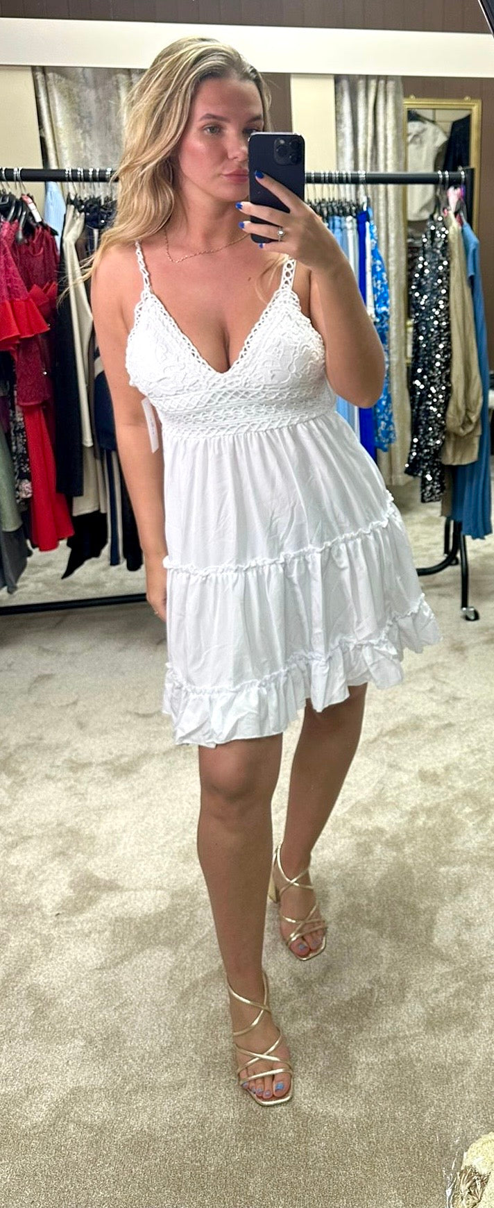 Crochet Detail Tiered Dress With Elasticated Open Tie Back