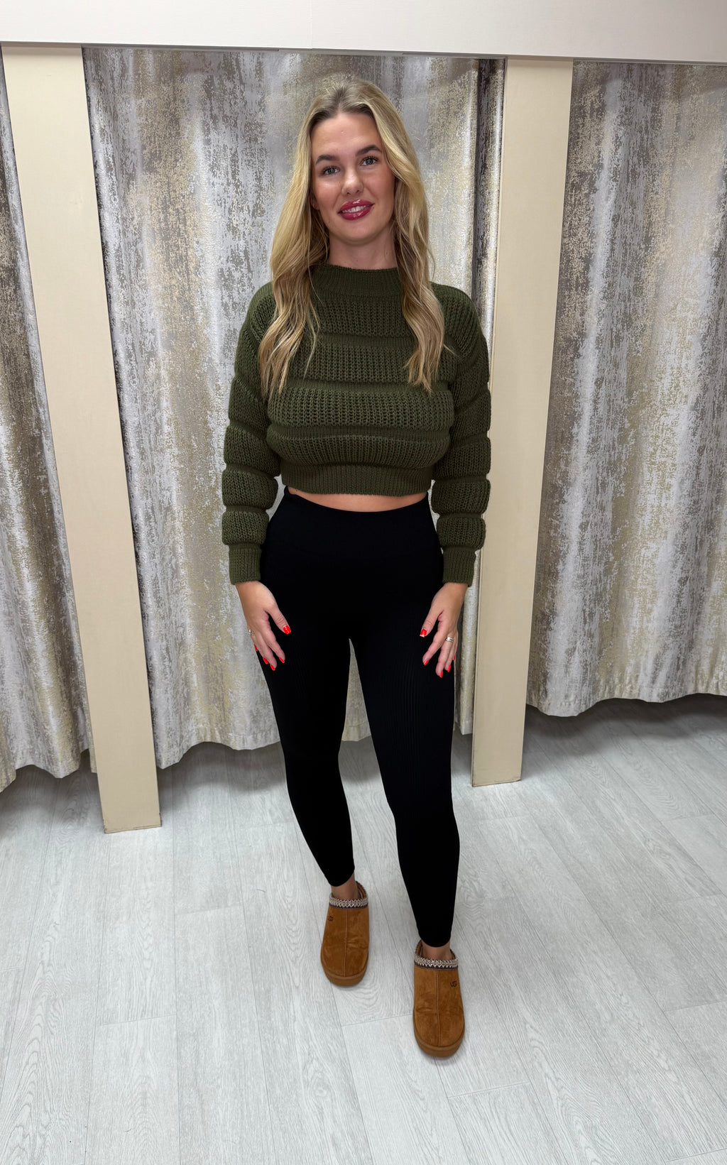 Bubble Knit Cropped Jumper - Khaki Green